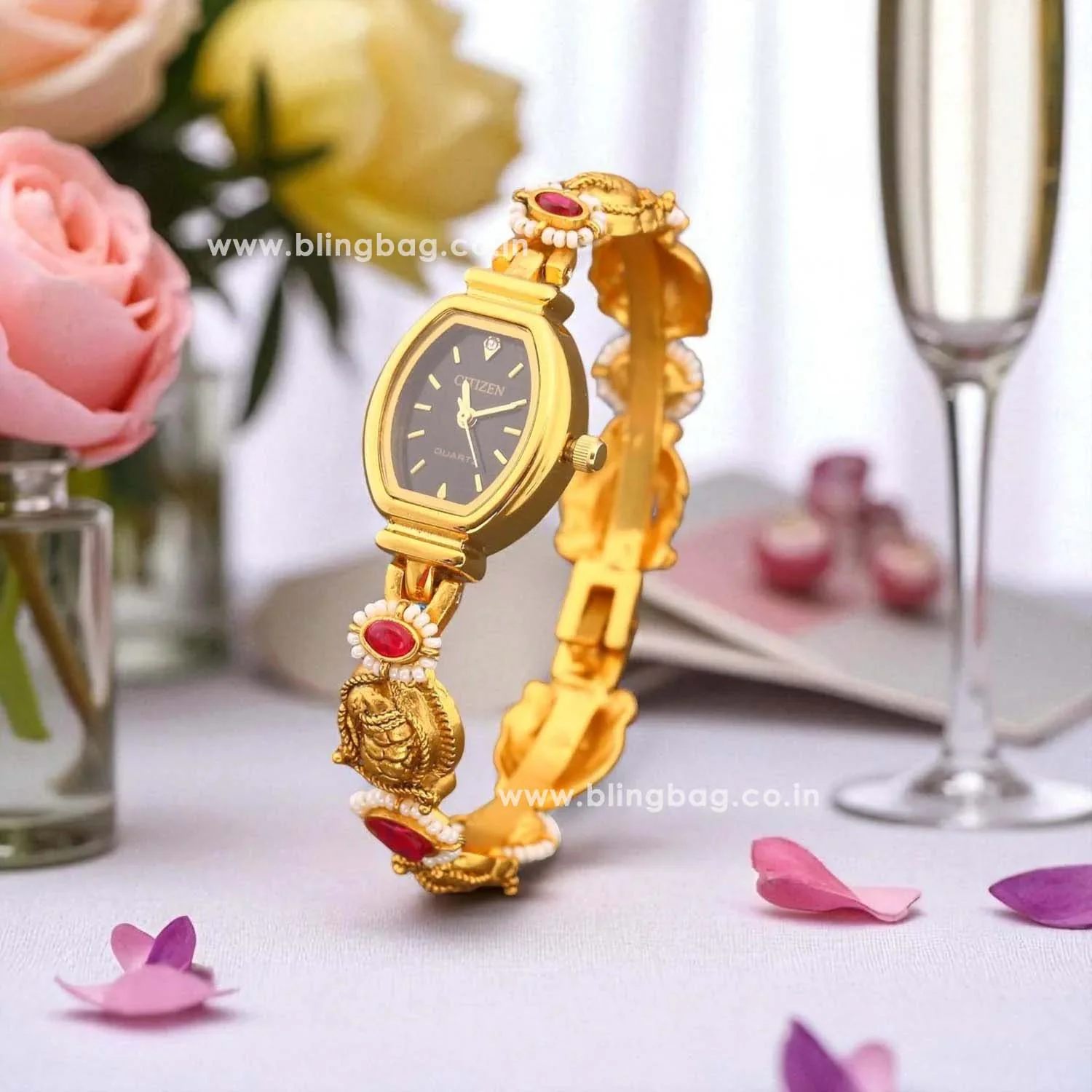 Blingbag Royal Peacock Black Dial Gold Bracelet Watch