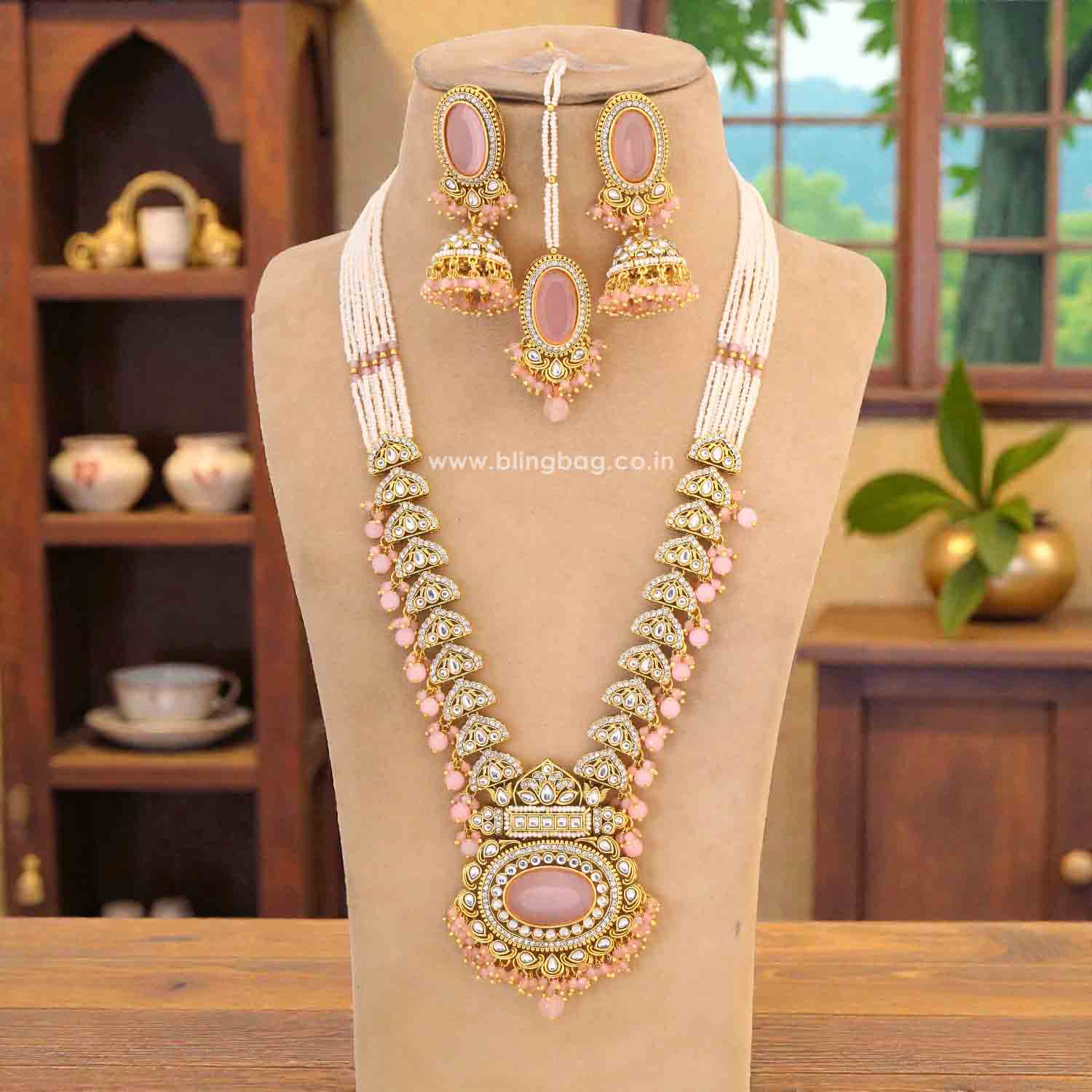 Blush Ziya Kundan Jewellery Set - Image 3