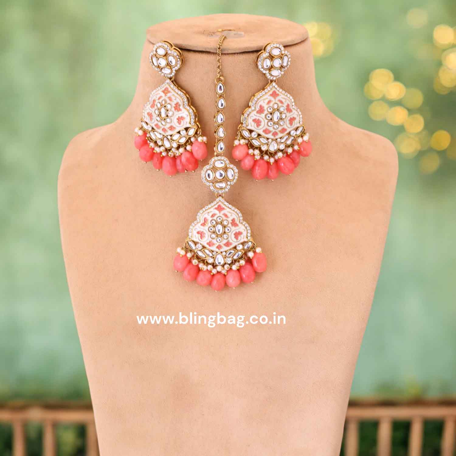 Coral Shailani Kundan Jewellery Set - Image 3