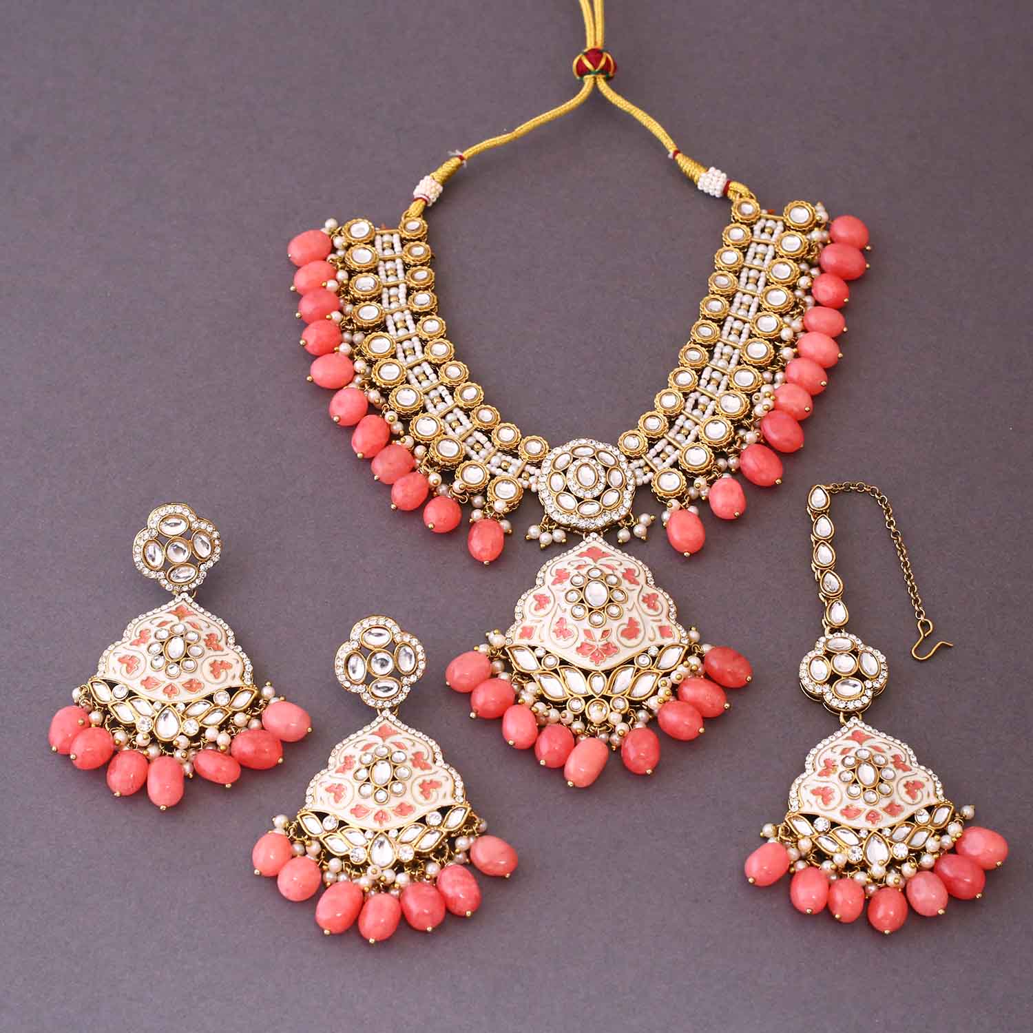Coral Shailani Kundan Jewellery Set - Image 4