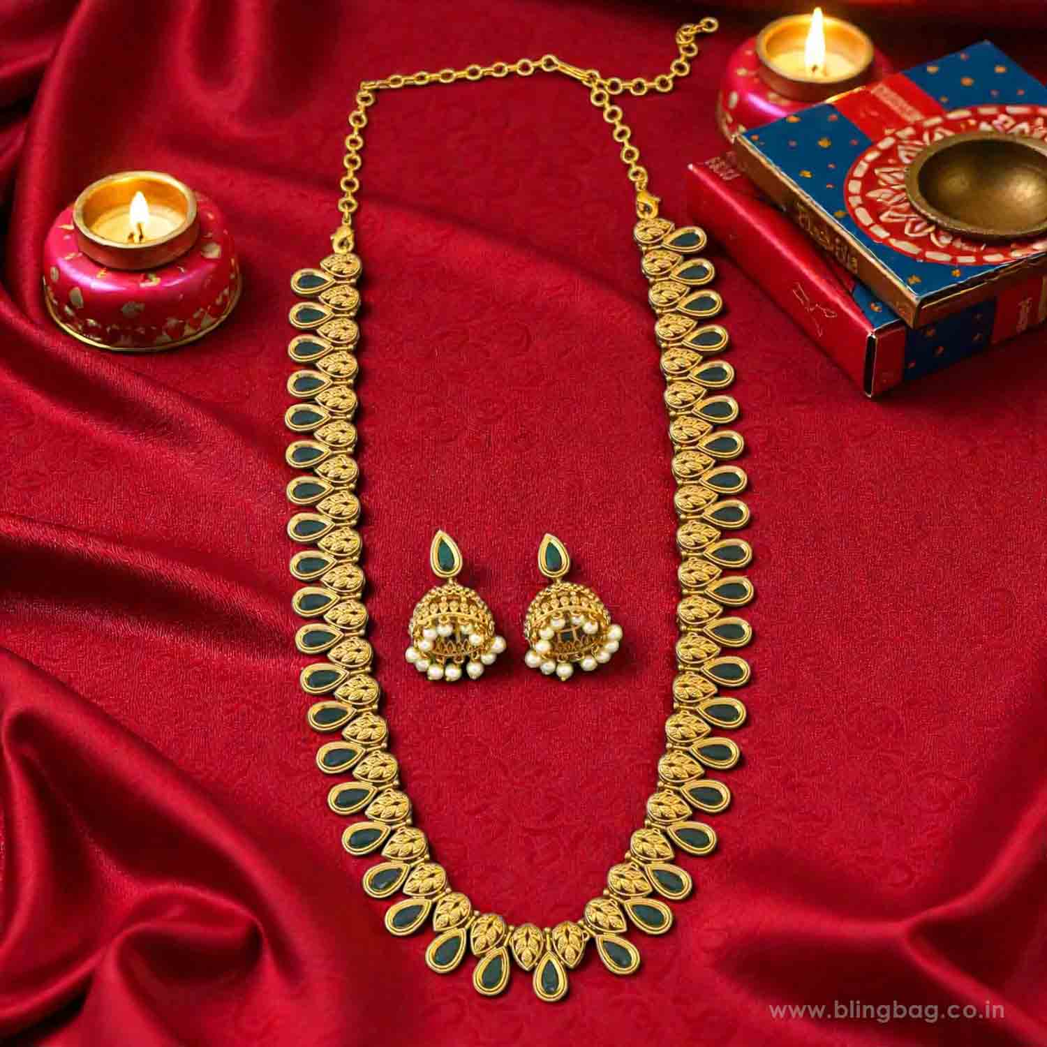 Emerald Garvitha Long Antique Jewellery Set - New Arrival - Image 2