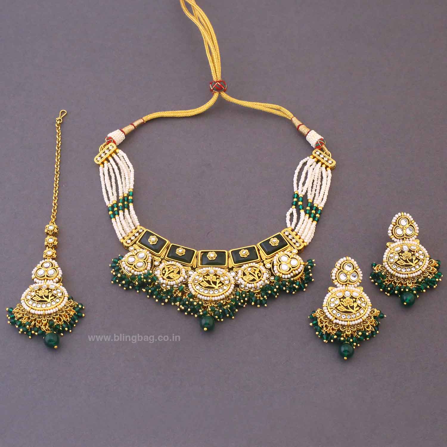 Emerald Gyanada Kundan Jewellery Set - Image 4