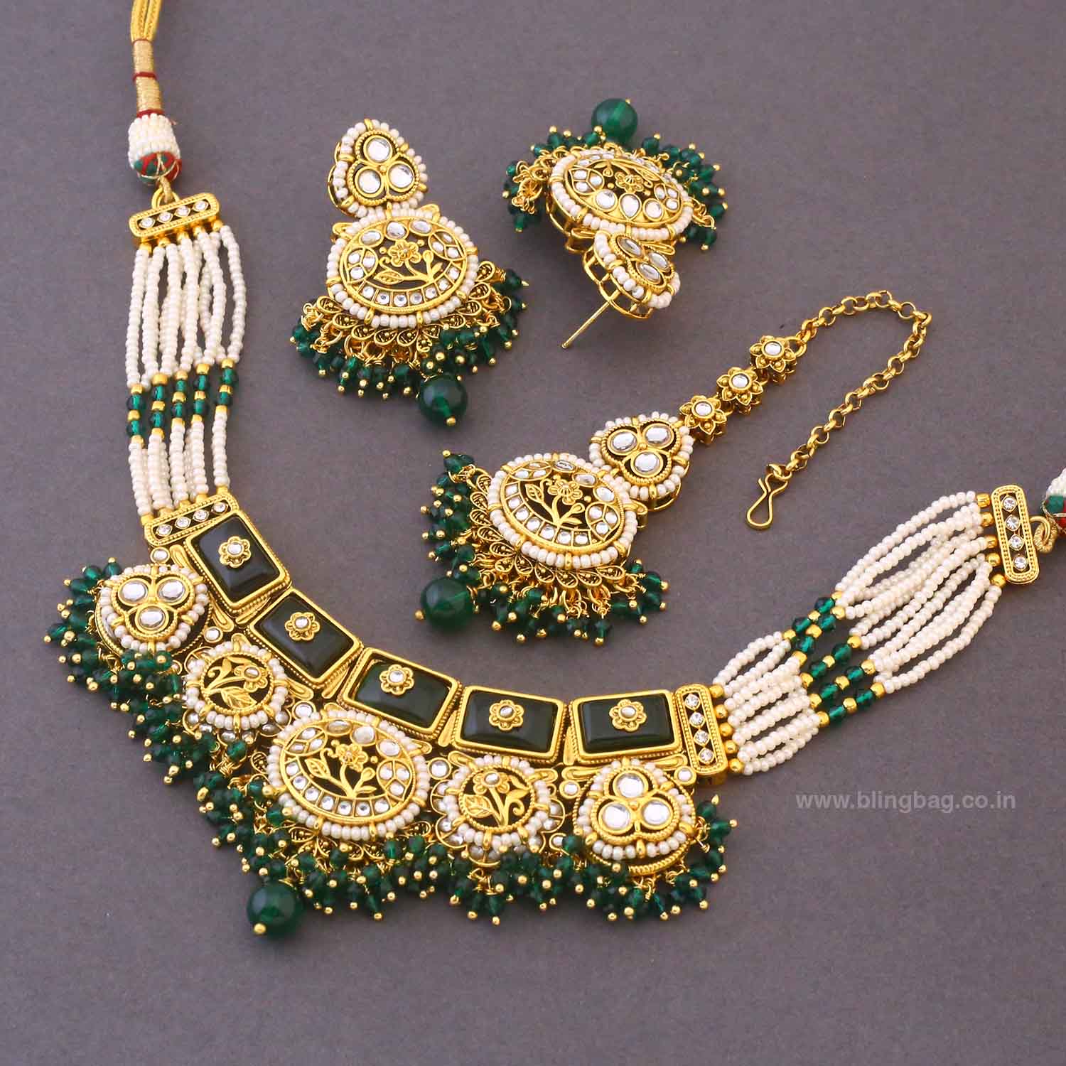 Emerald Gyanada Kundan Jewellery Set - Image 5