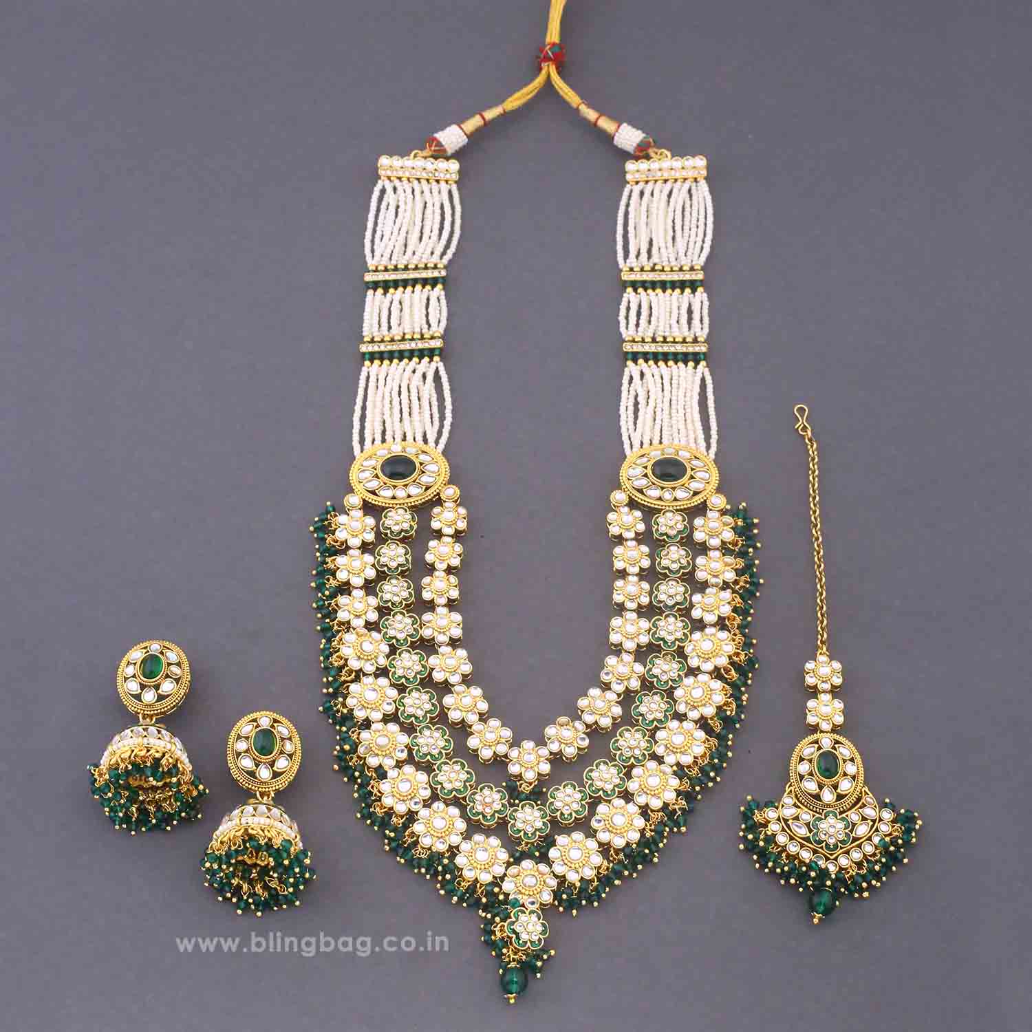 Emerald Jeeya Kundan Jewellery Set - Image 3