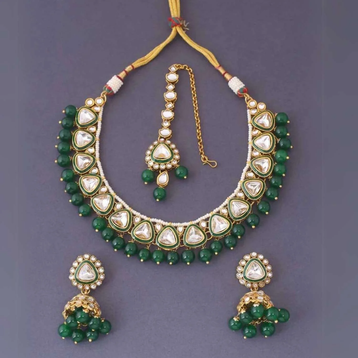 Emerald Neelam Kundan Jewellery Set - Image 3