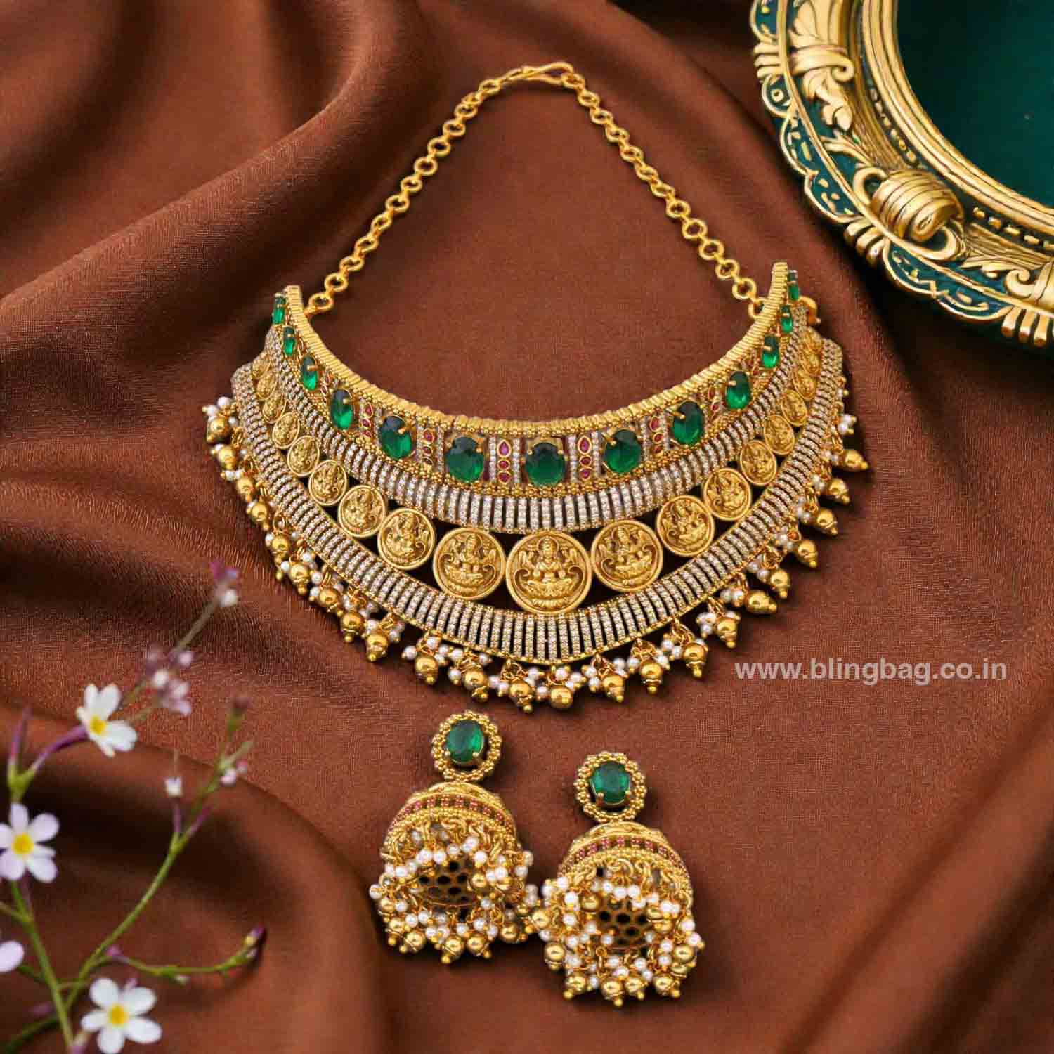 Emerald Rajeshwaria Hasli Temple Jewellery Set - New Arrival - Image 2