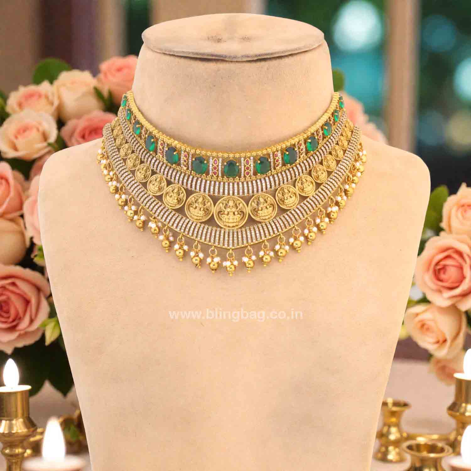 Emerald Rajeshwaria Hasli Temple Jewellery Set - New Arrival - Image 3