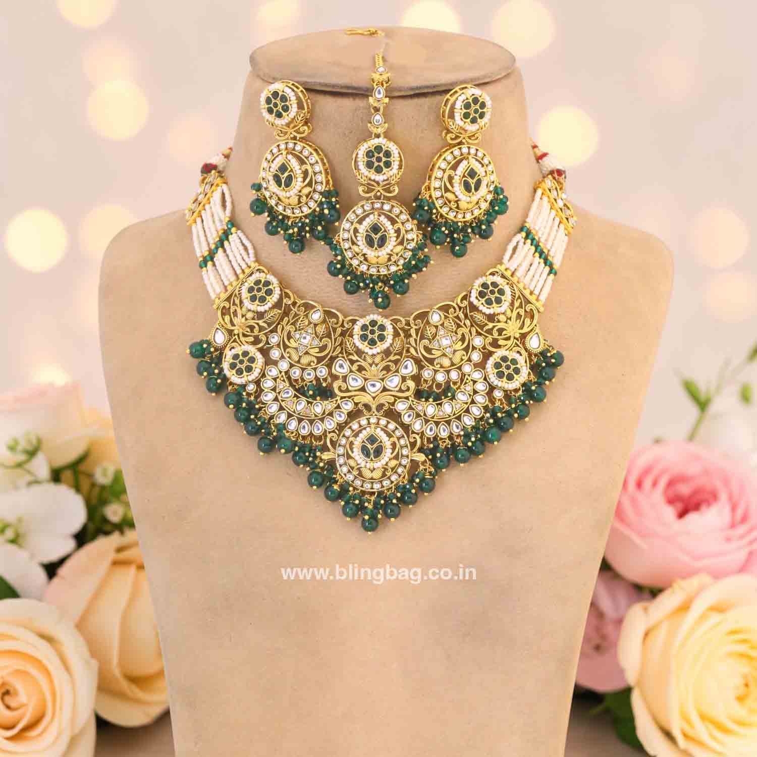 Emerald Sunaina Kundan Jewellery Set - New Arrival - Image 3