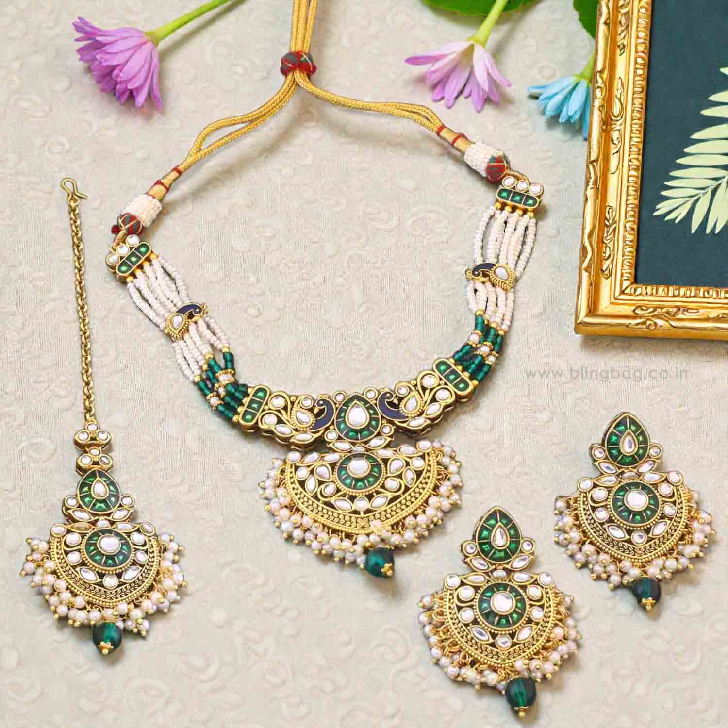 Emerald Suvitha Kundan Jewellery Set - Image 2