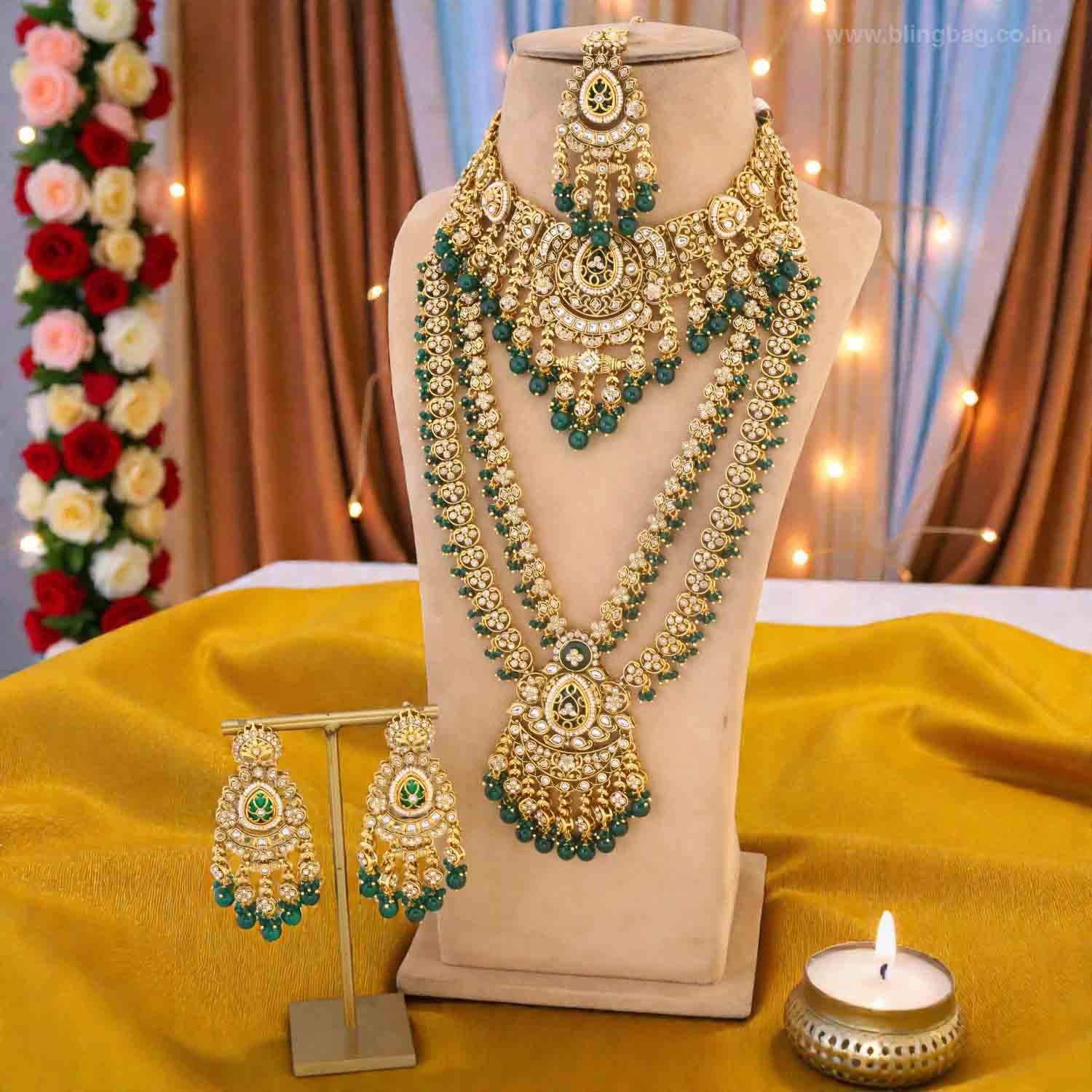 Emerald Yagna Kundan Bridal Jewellery Set - Image 2