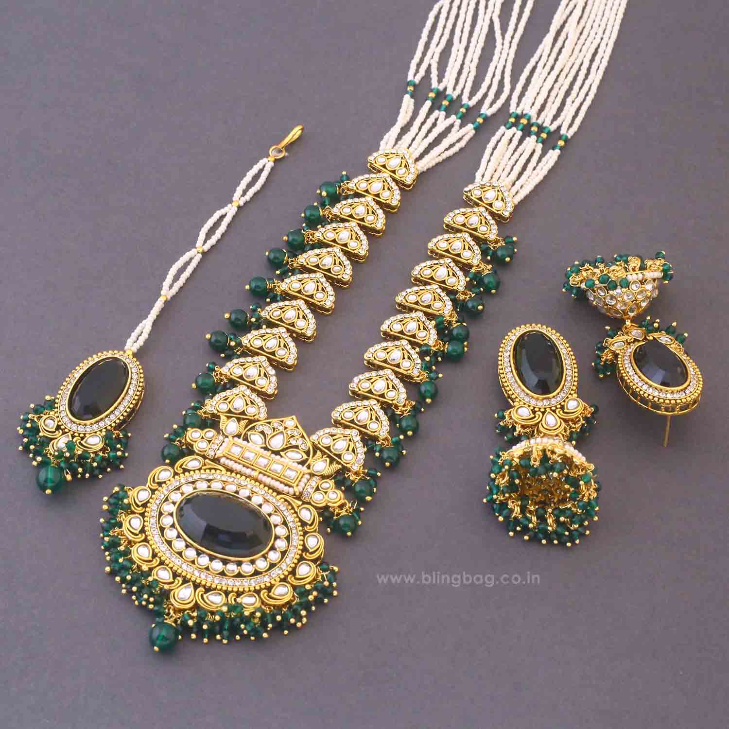 Emerald Ziya Kundan Jewellery Set - Image 5
