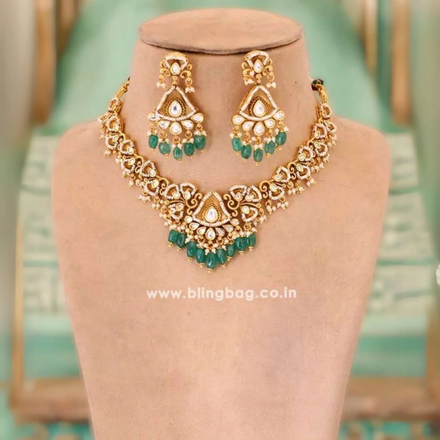 Golden Anarkali Antique Jewellery Set - Image 3