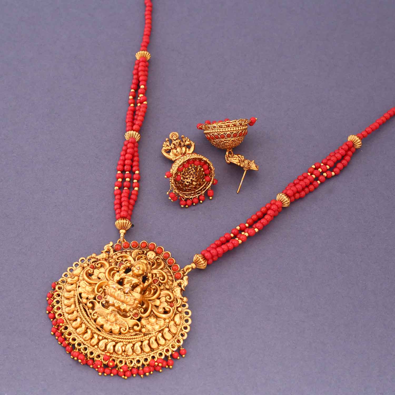 Coral Jagatpriya Temple Jewellery Set- New Arrival - Image 3
