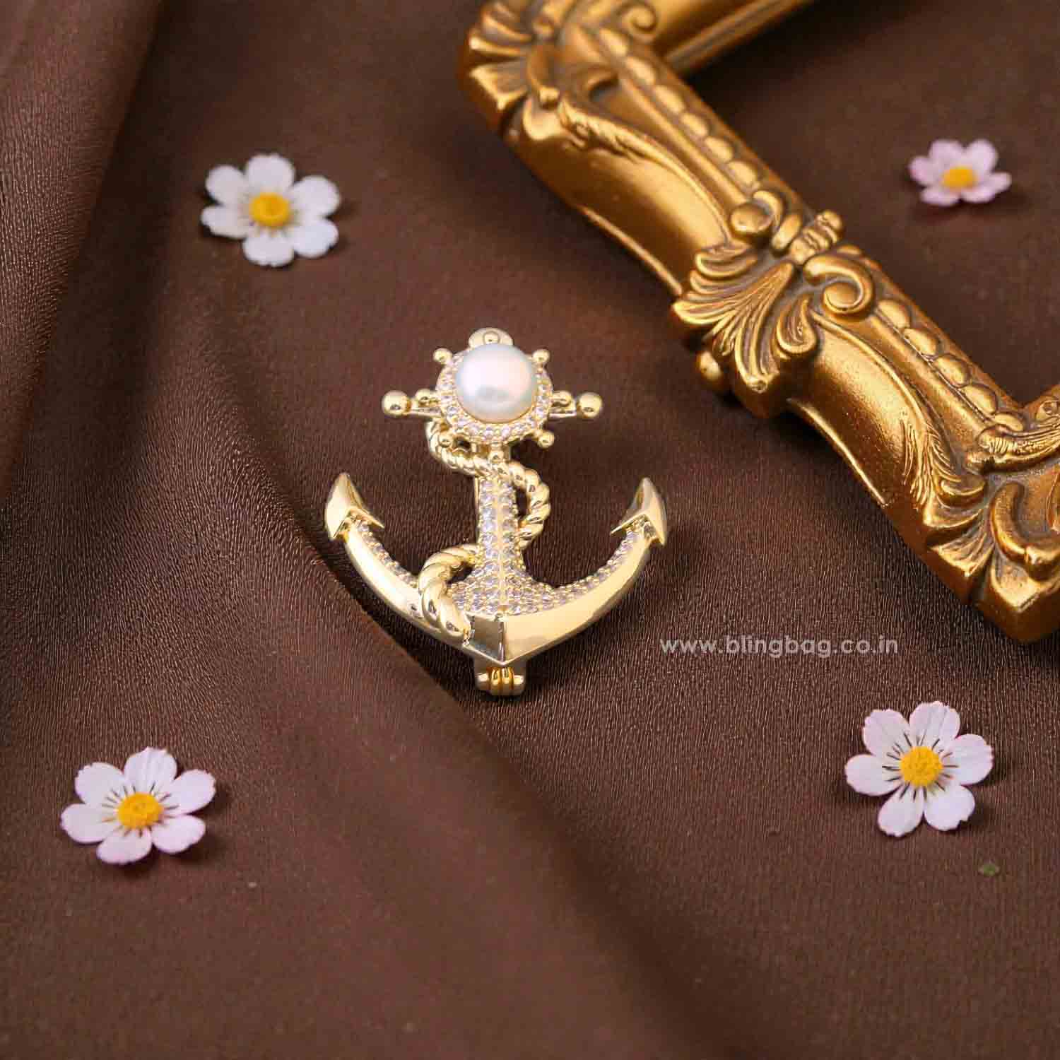 Golden Pearl Anchor Brooch - Image 2