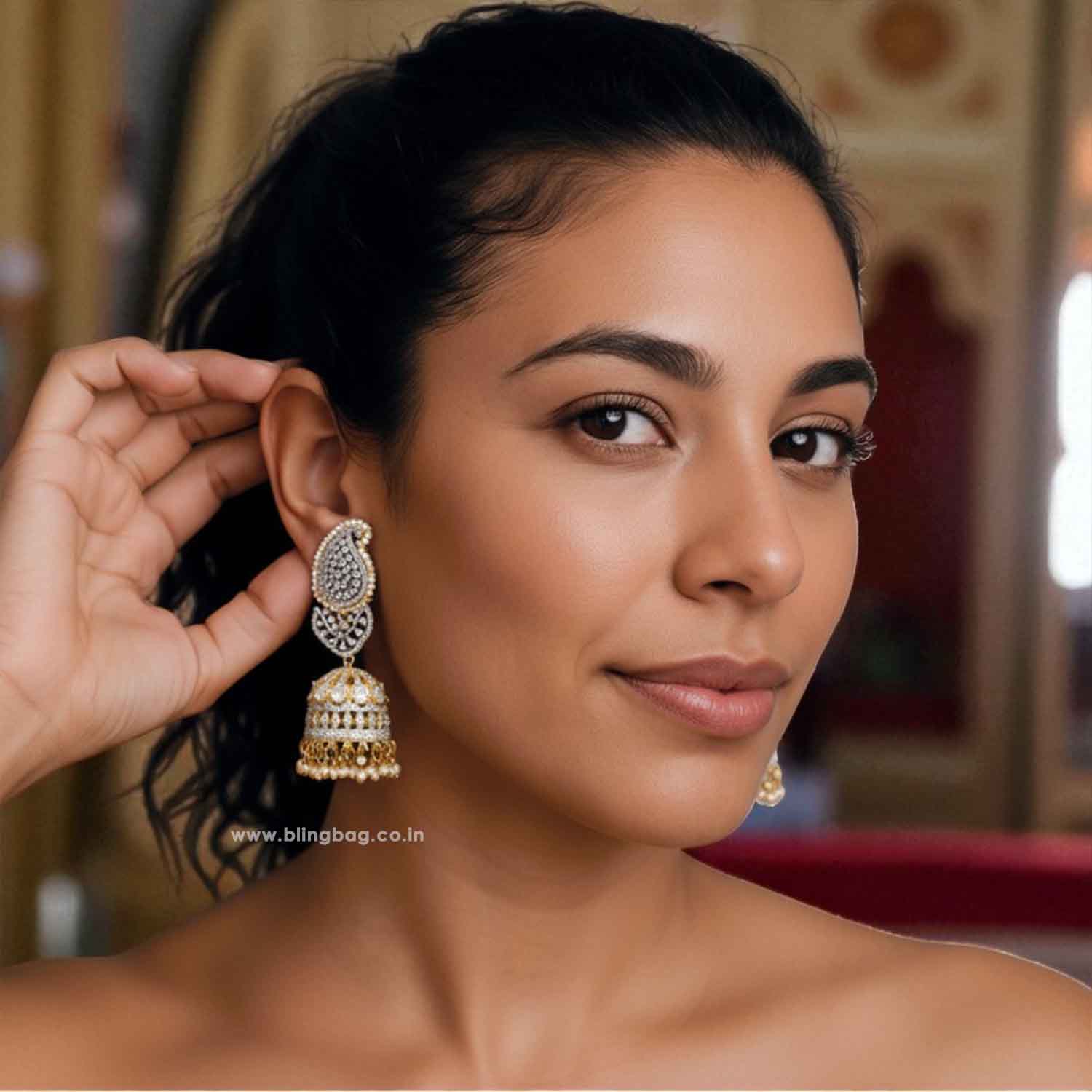 Golden Polina Zirconia Jhumkis - Image 2