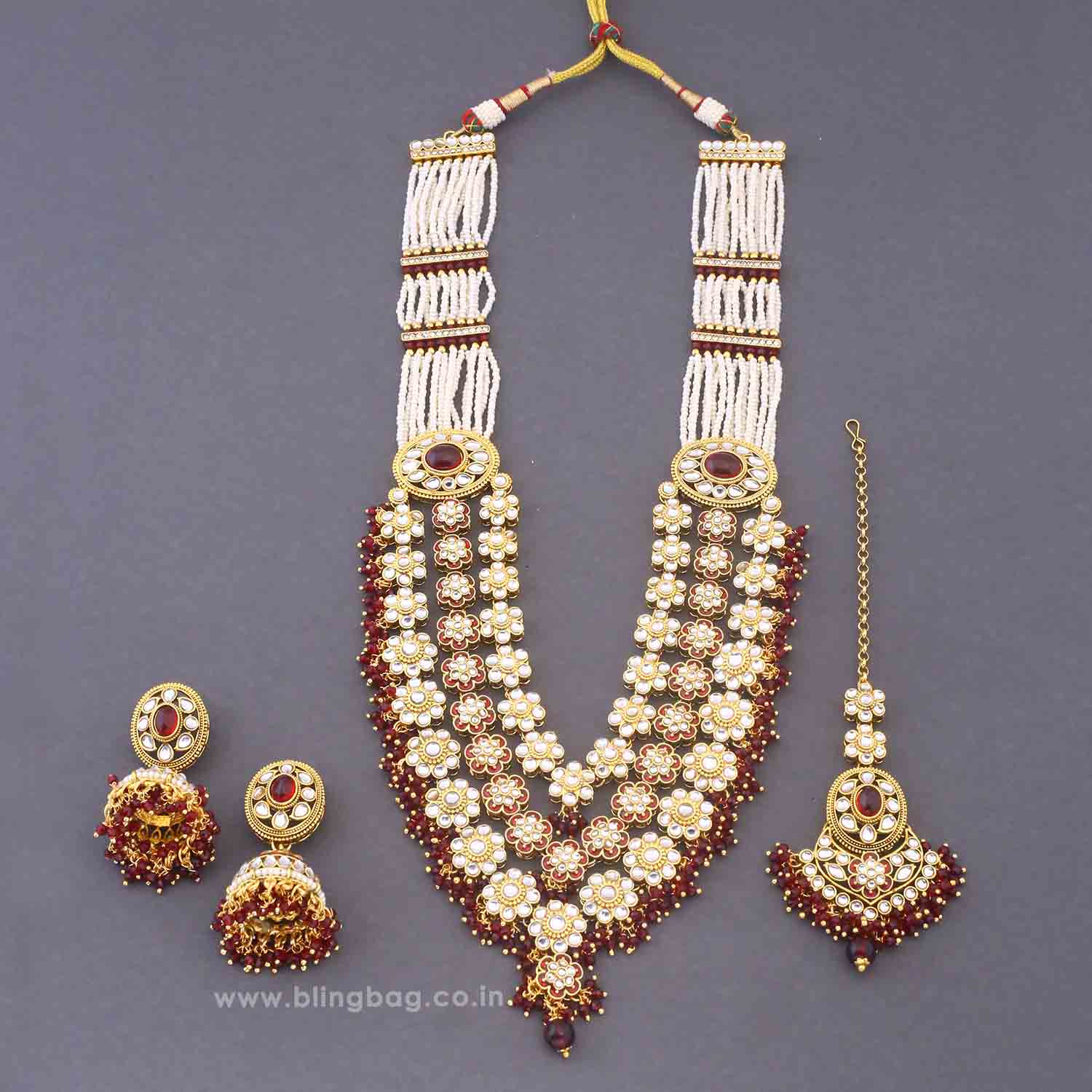 Maroon Jeeya Kundan Jewellery Set - Image 3