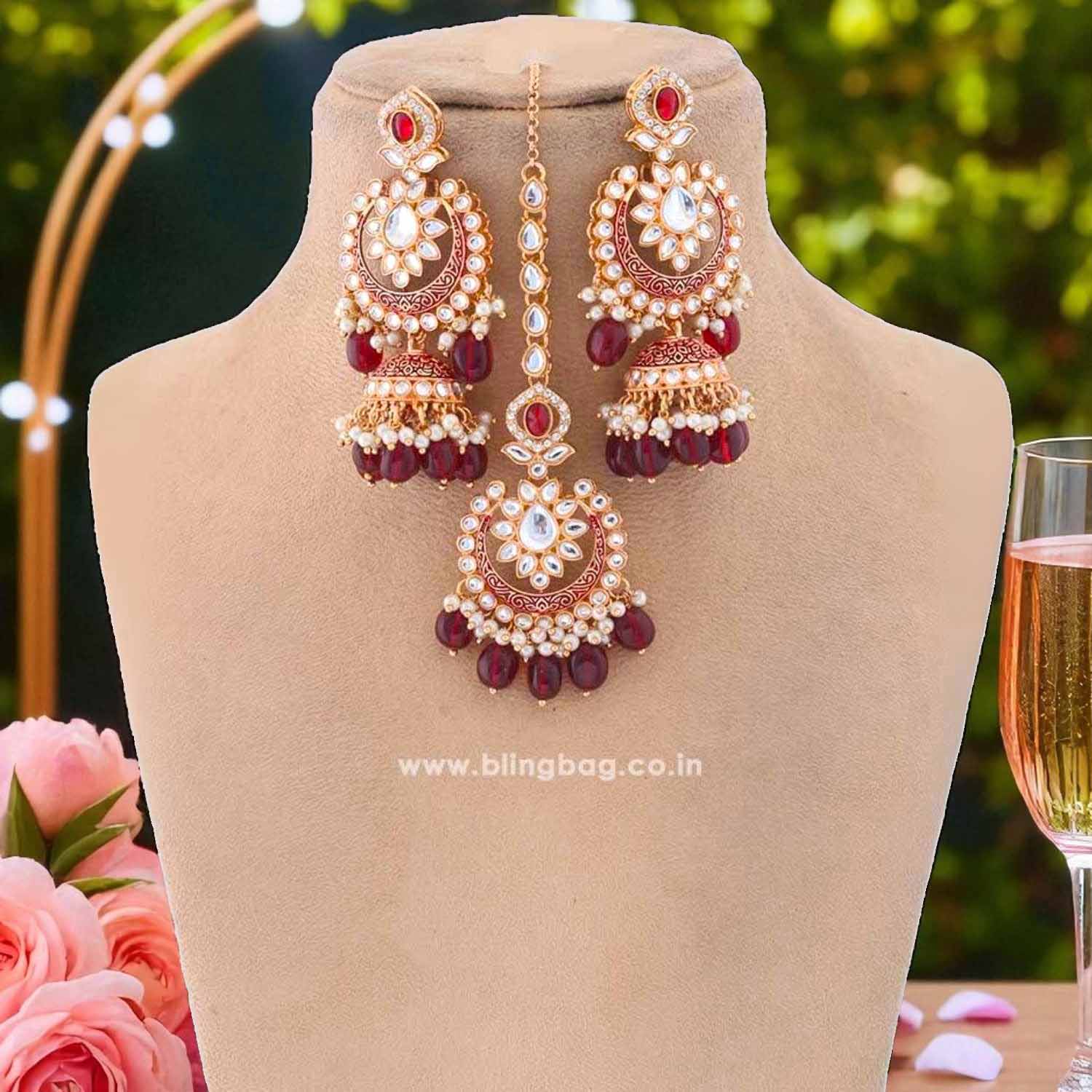 Maroon Rithya Kundan Jewellery Set - Image 4