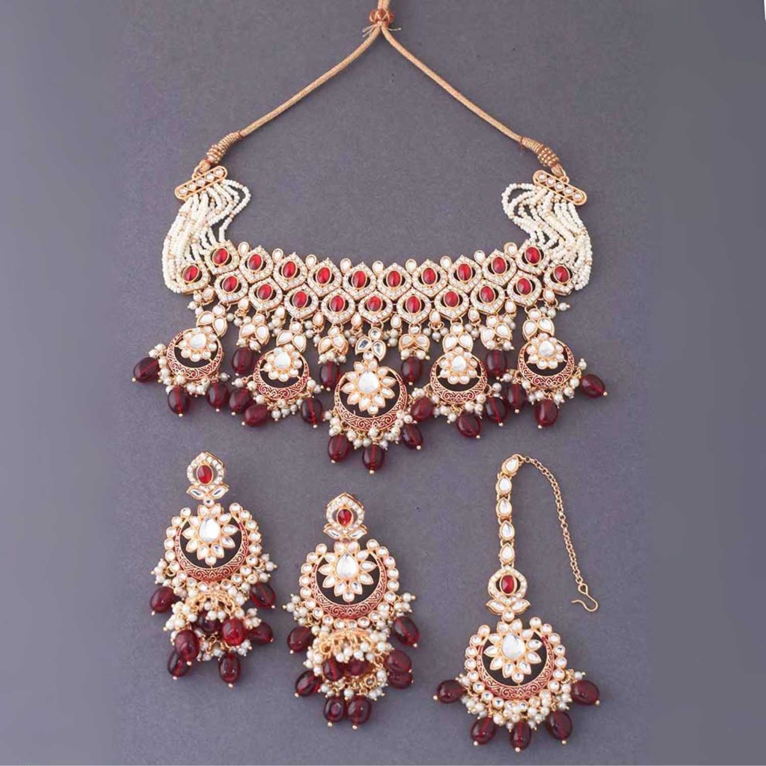 Maroon Rithya Kundan Jewellery Set - Image 5