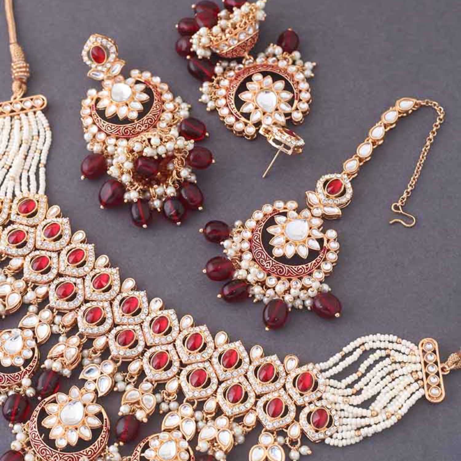 Maroon Rithya Kundan Jewellery Set - Image 6
