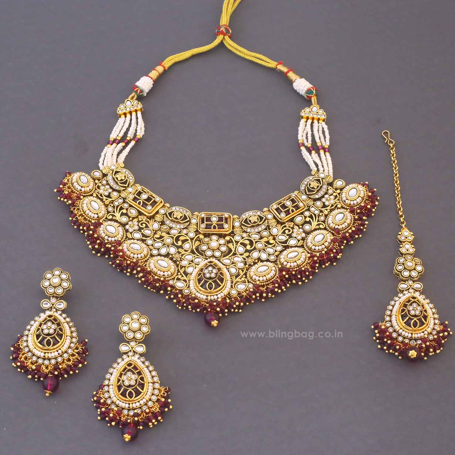 Wine Roshnika Kundan Jewellery Set - Image 4
