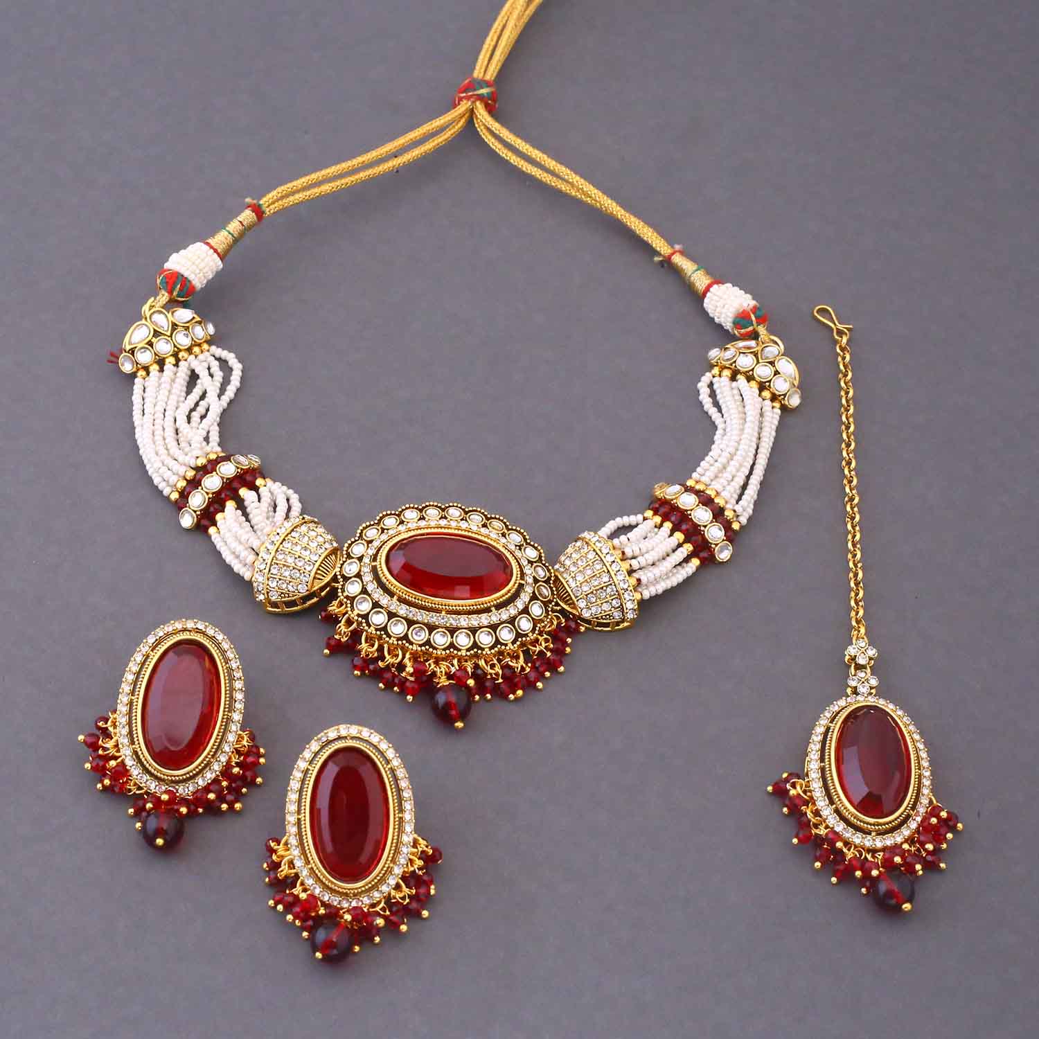 Maroon Santoshi Kundan Jewellery Set - Image 4