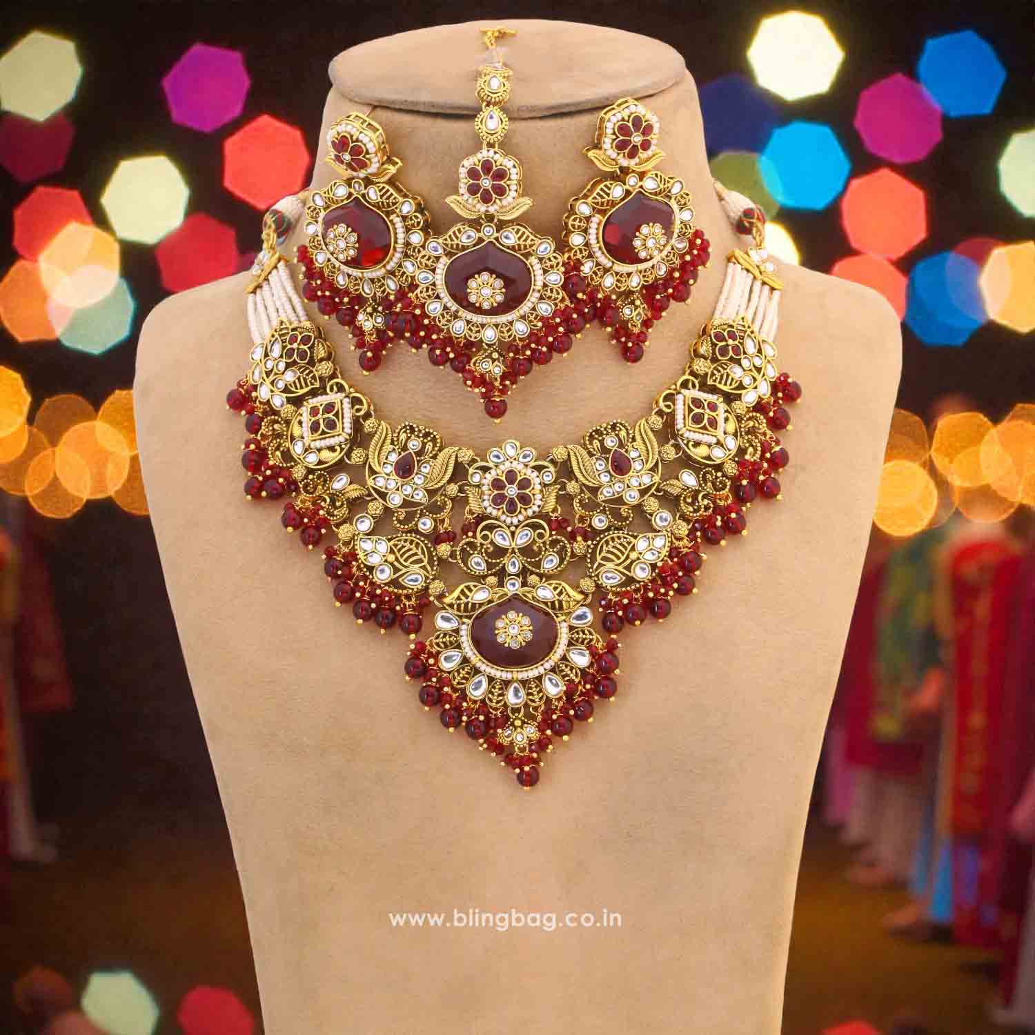 Maroon Shireen Kundan Jewellery Set - New Arrival - Image 2