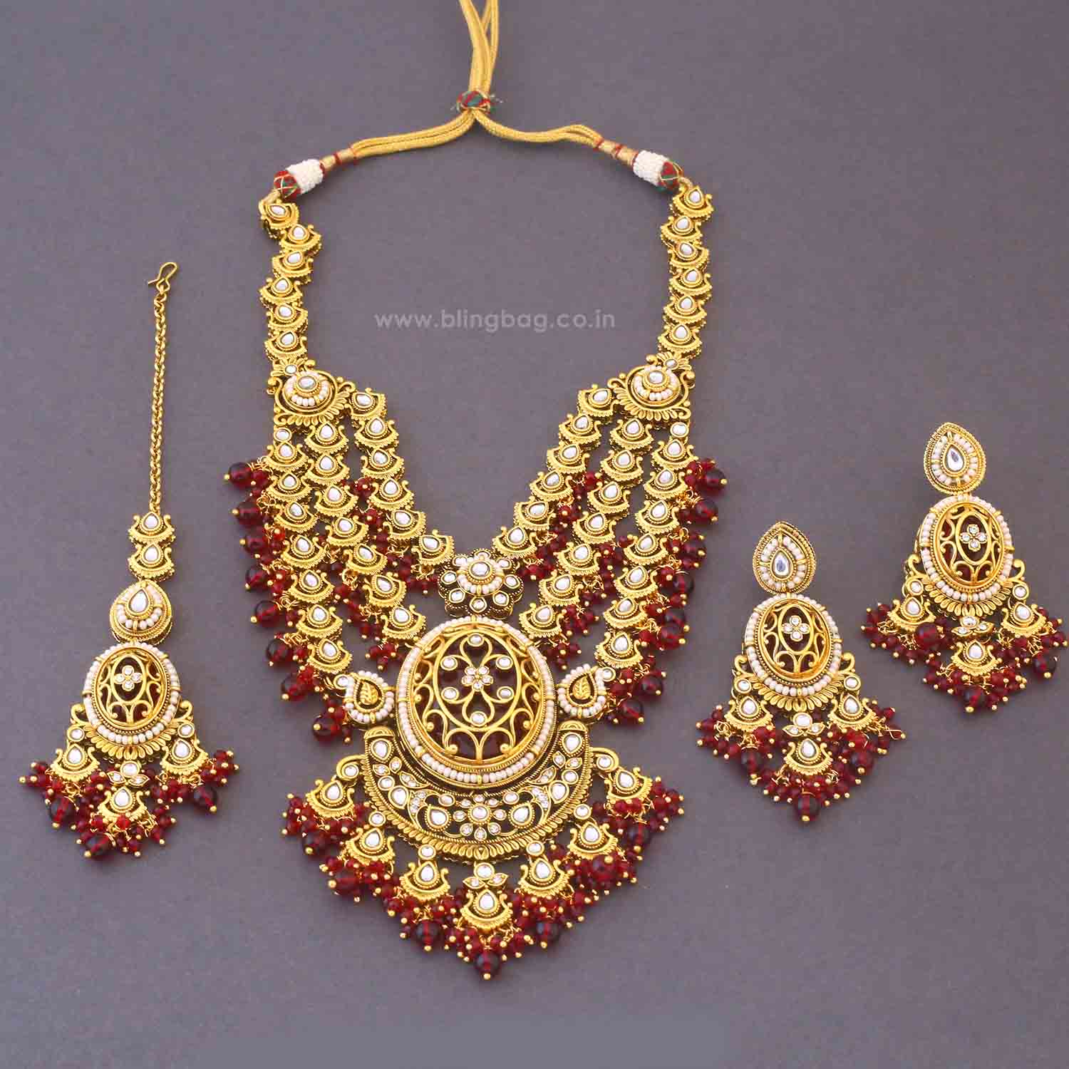 Maroon Sujata Kundan Jewellery Set - Image 4