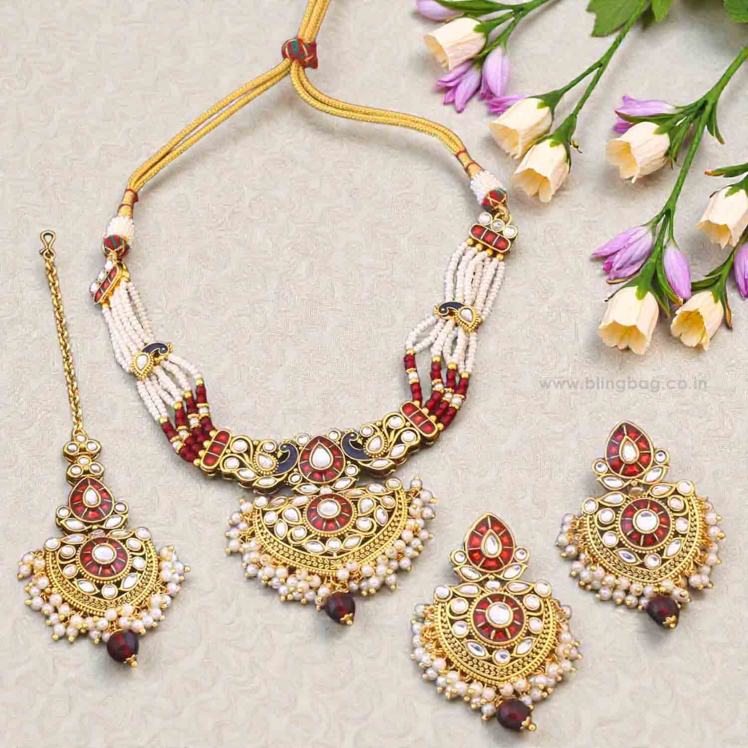 Maroon Suvitha Kundan Jewellery Set - Image 2