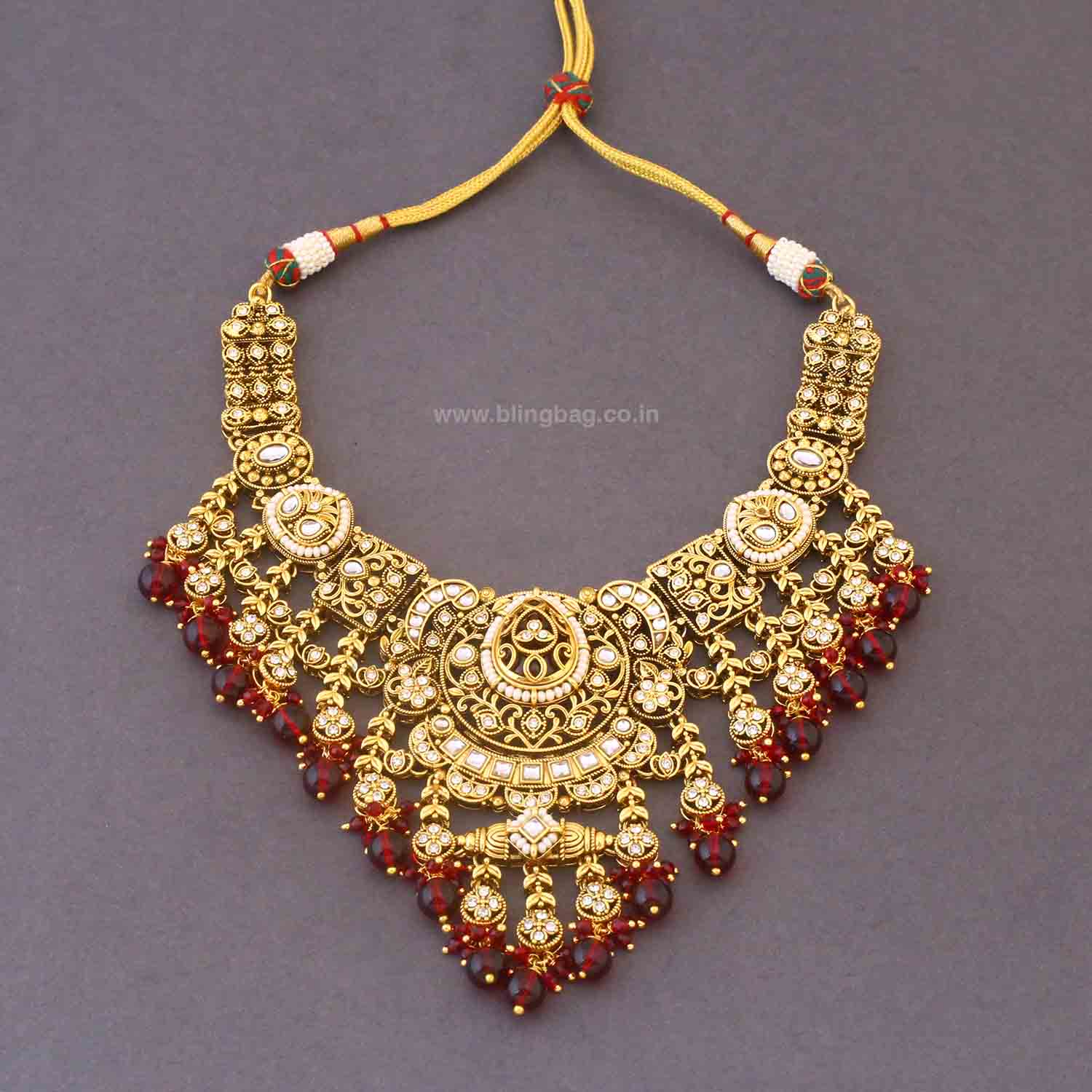 Maroon Yagna Kundan Bridal Jewellery Set - Image 3