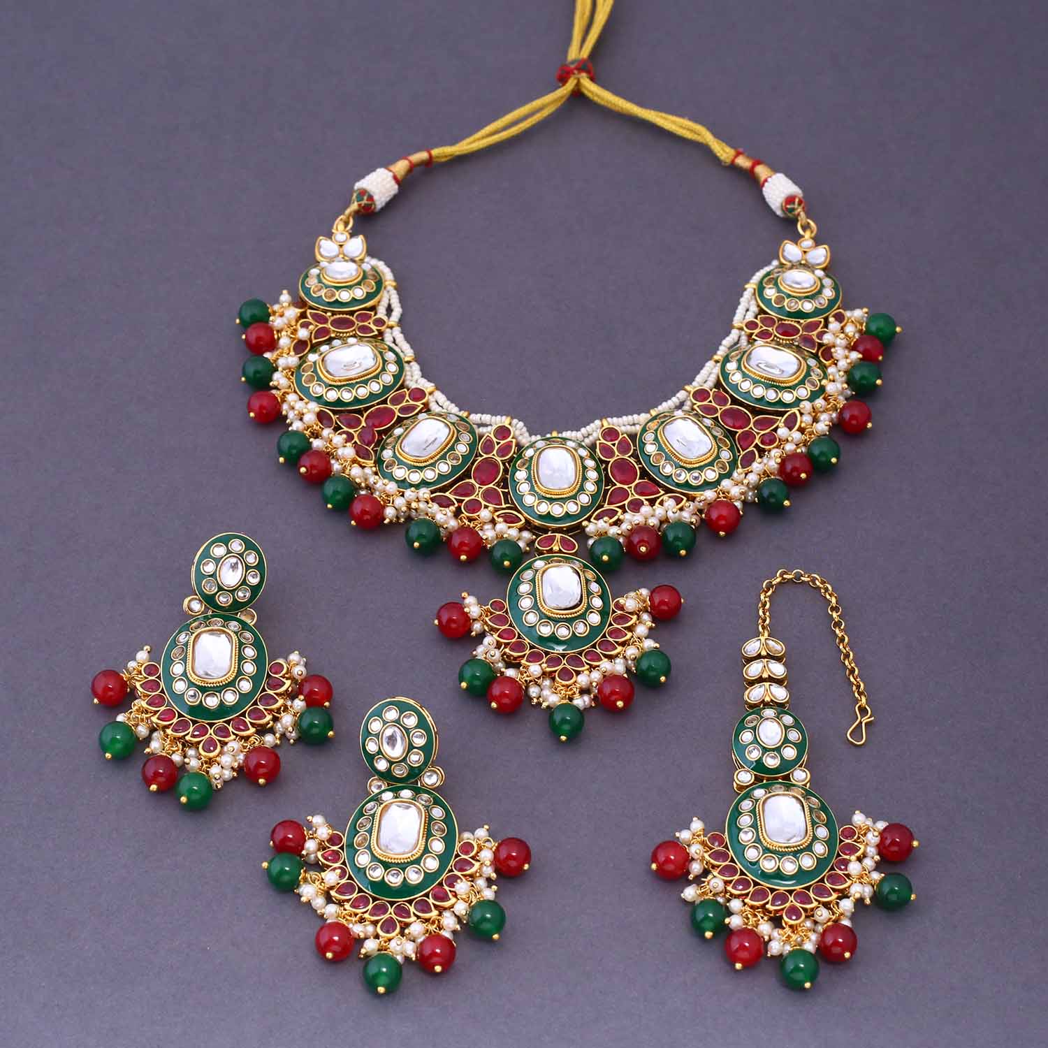 Multicolor Aachal Kundan Jewellery Set - Image 4