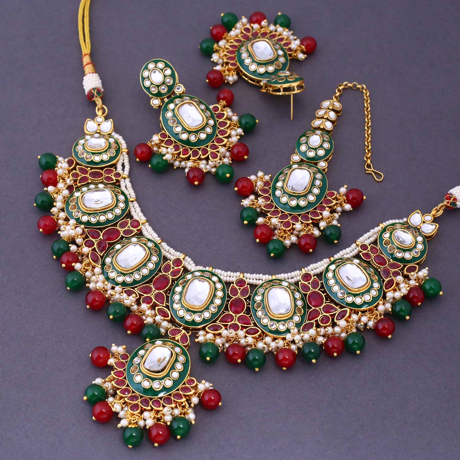 Multicolor Aachal Kundan Jewellery Set - Image 5