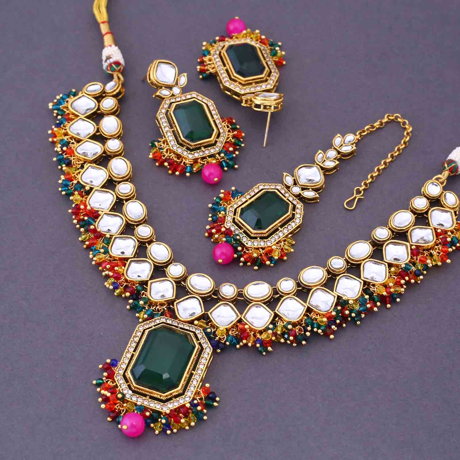 Multicolor Kuntala Kundan Jewellery Set - Image 4