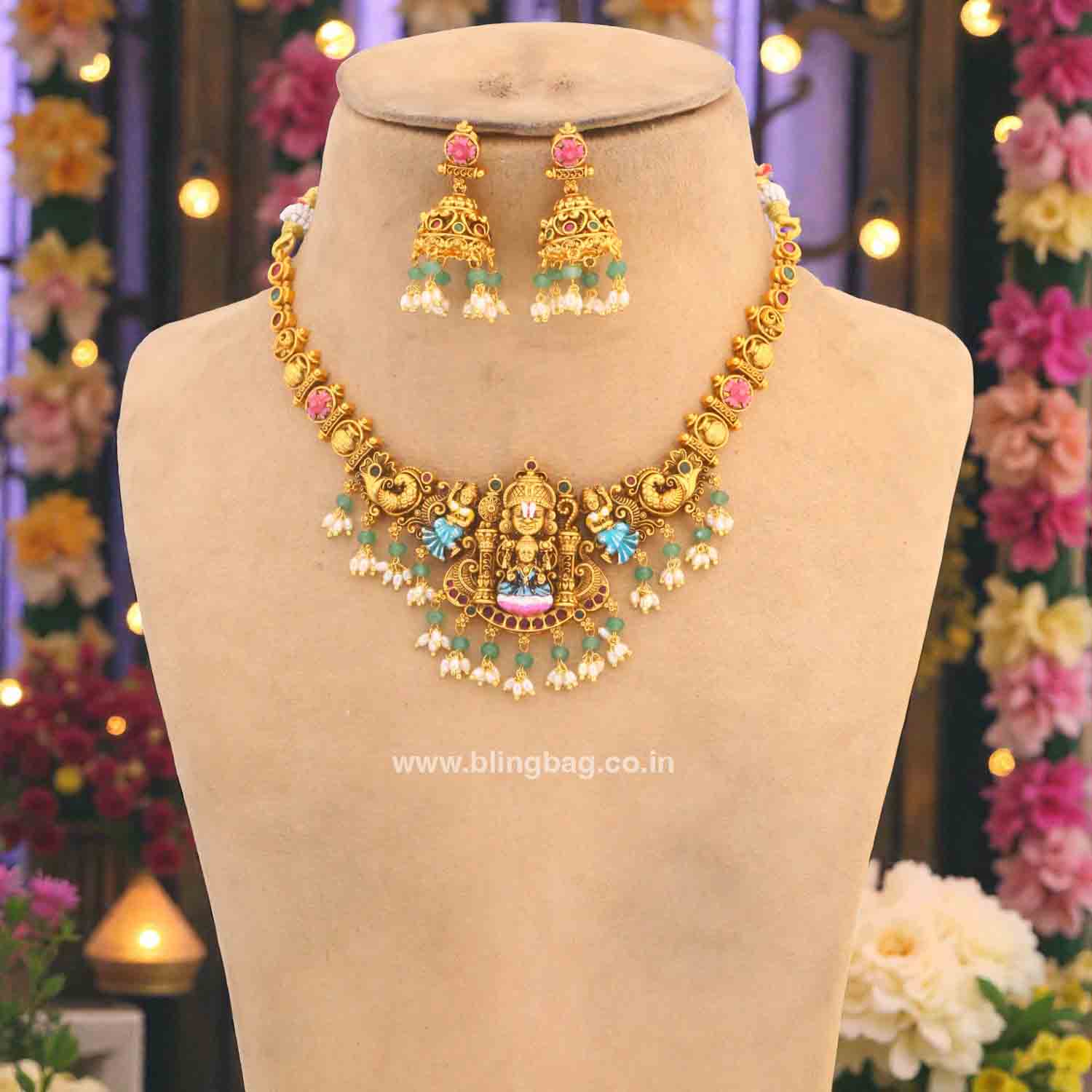 Multicolor Vaikuntha Temple Jewellery Set- New Arrivals - Image 3
