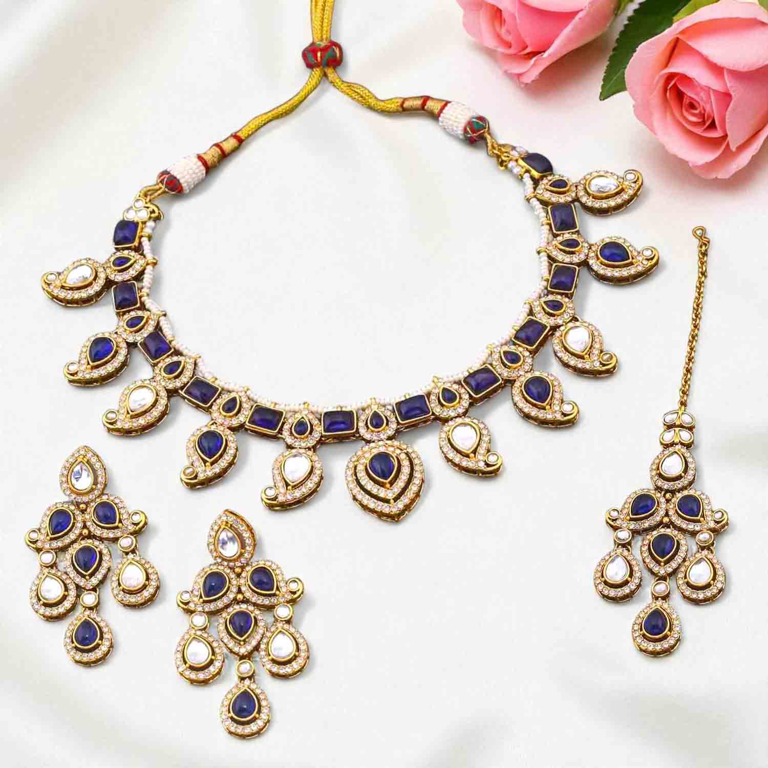 Navy Fariha Kundan Jewellery Set - Image 2