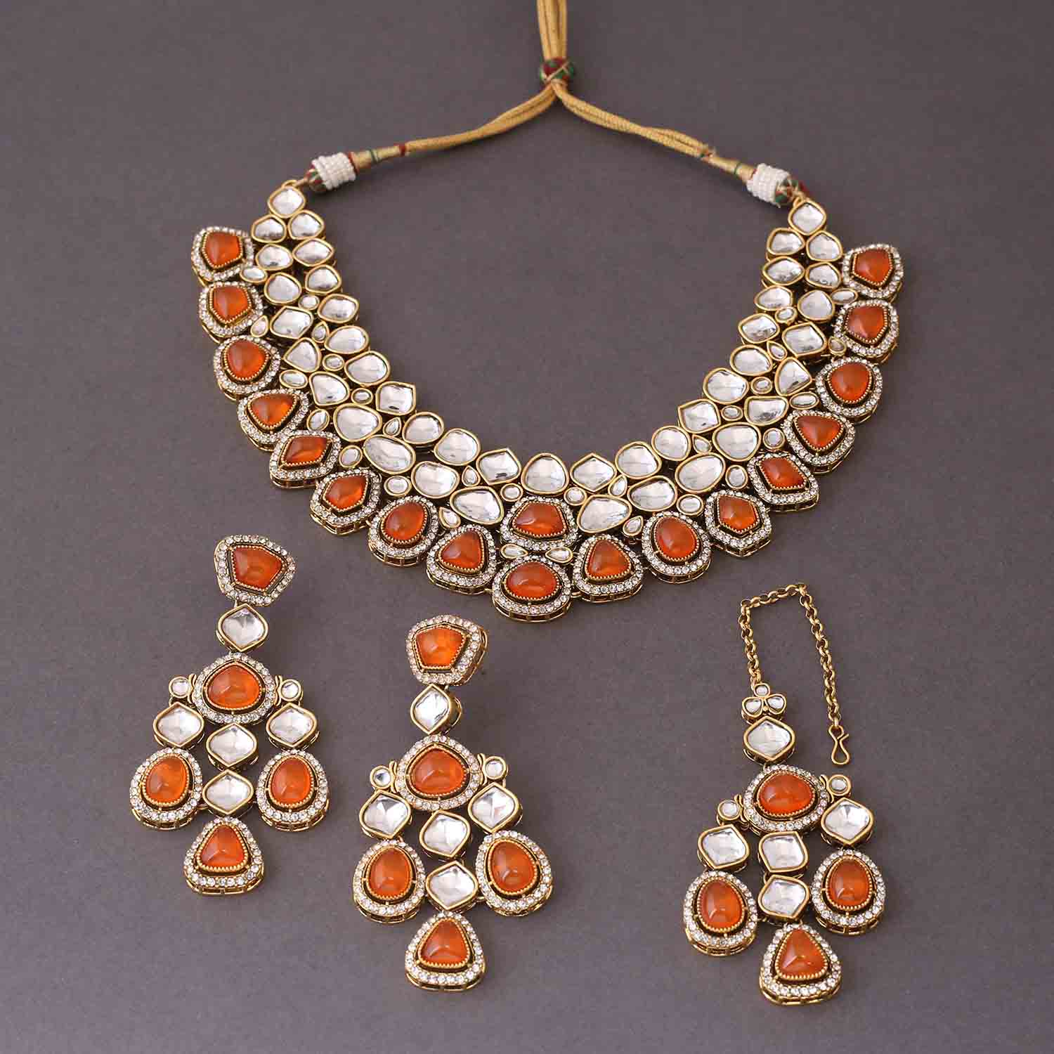 Orange Samiya Kundan Jewellery Set - Image 4