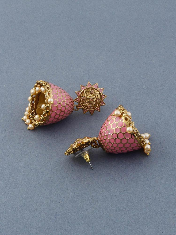 Neon Pink Bell Jhumkis - Image 3