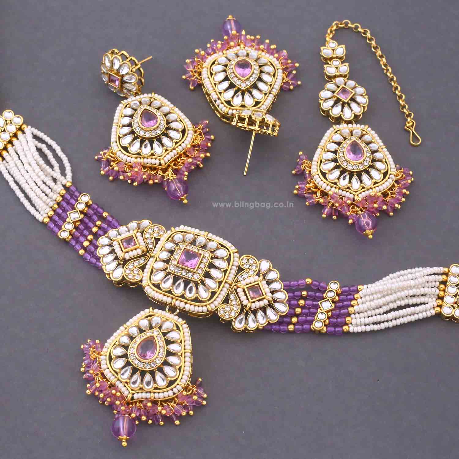 Purple Dakshina Kundan Jewellery Set - Image 6