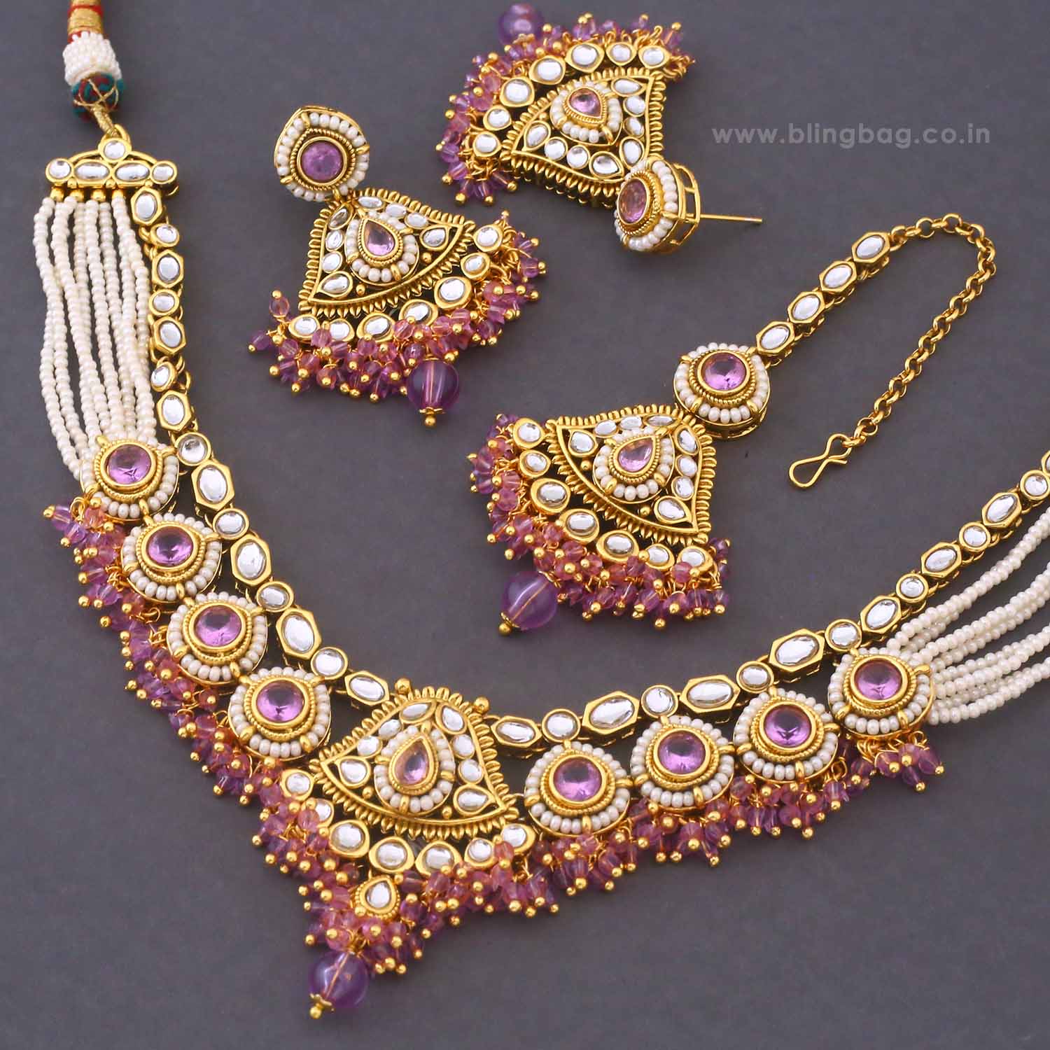 Purple Gitanjali Kundan Jewellery Set - Image 5