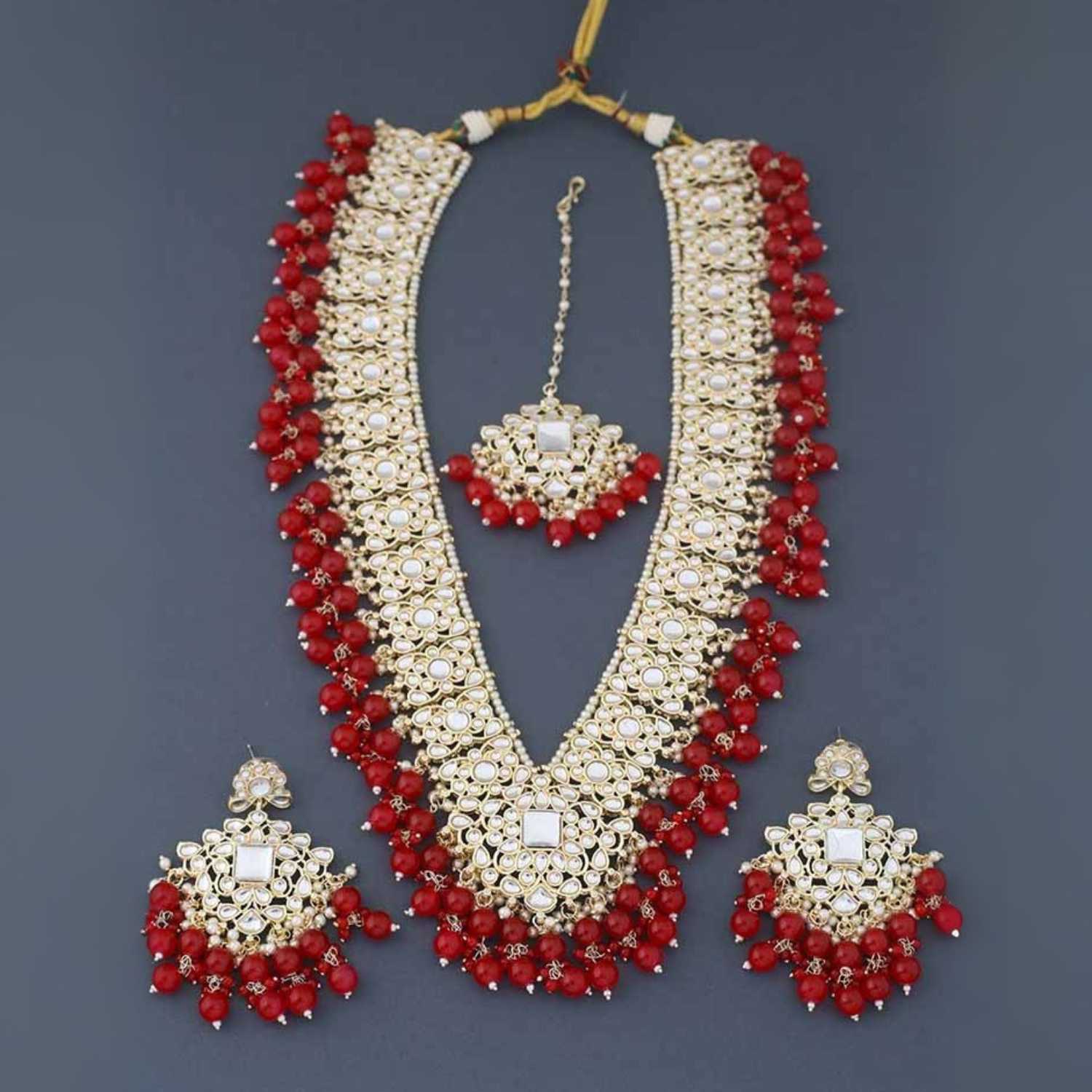 Red Gracia Kundan Jewellery Set - Image 4