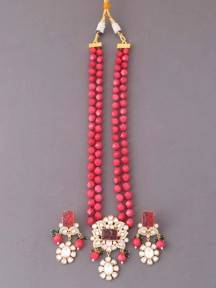 Red Dabira Kundan Jewellery Set - Image 3
