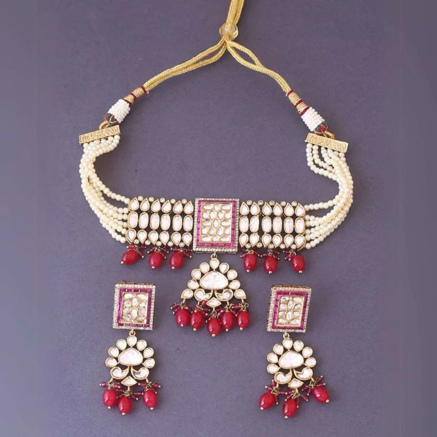 Red Kacela Kundan Jewellery Set - Image 5