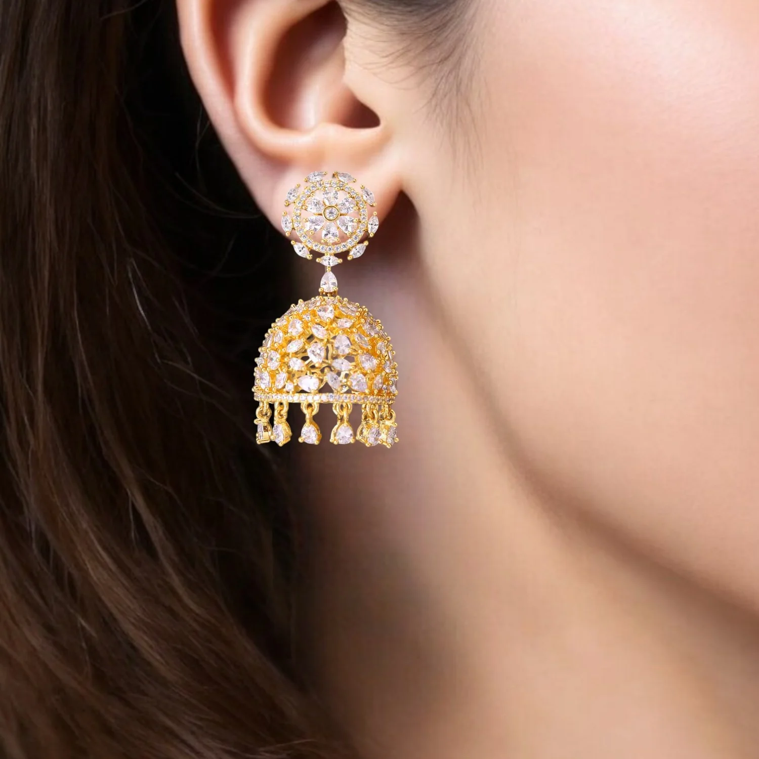 Golden Sanah Zirconia Jhumkis - Image 2