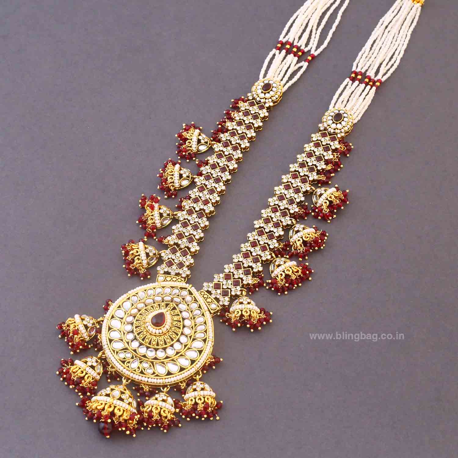 Maroon Ruvina Kundan Bridal Jewellery Set - Image 4