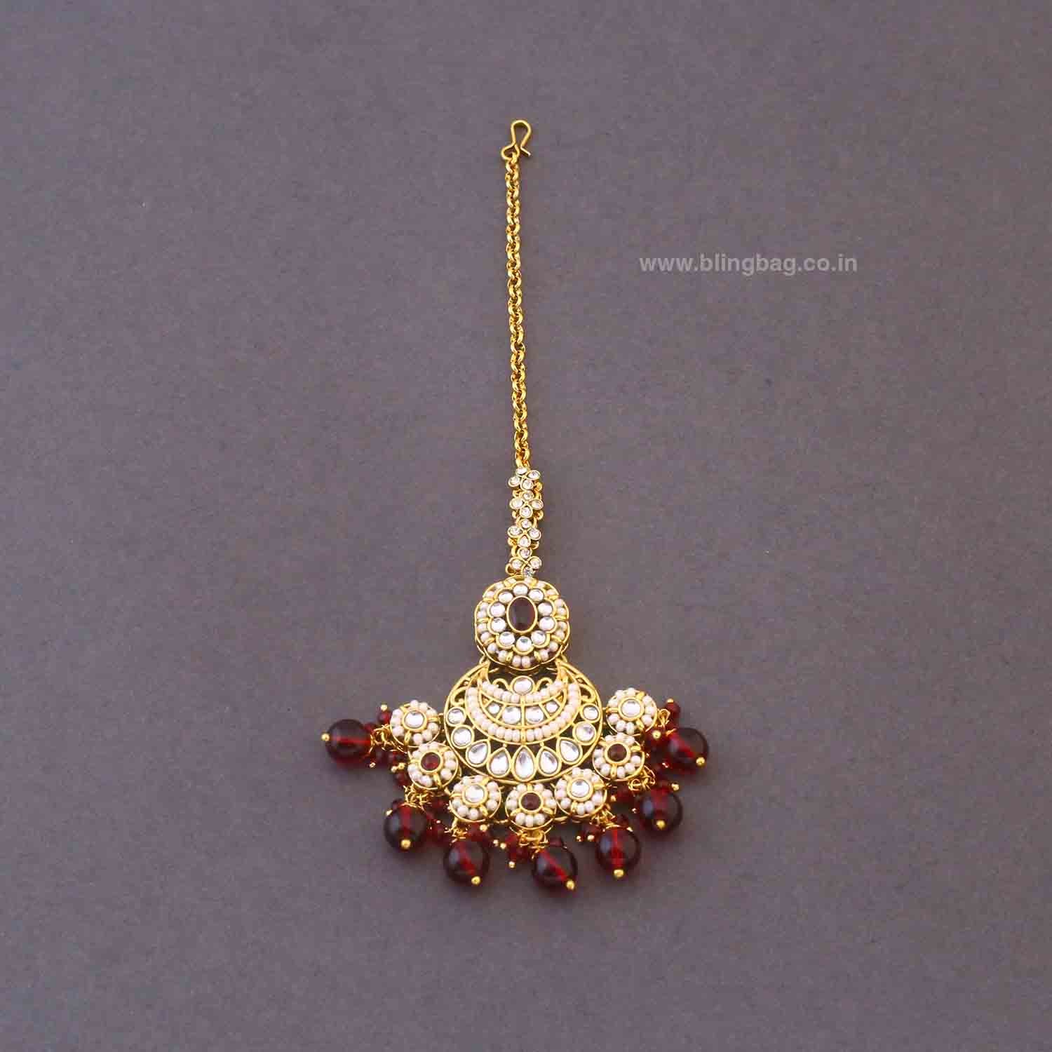 Maroon Ruvina Kundan Bridal Jewellery Set - Image 7