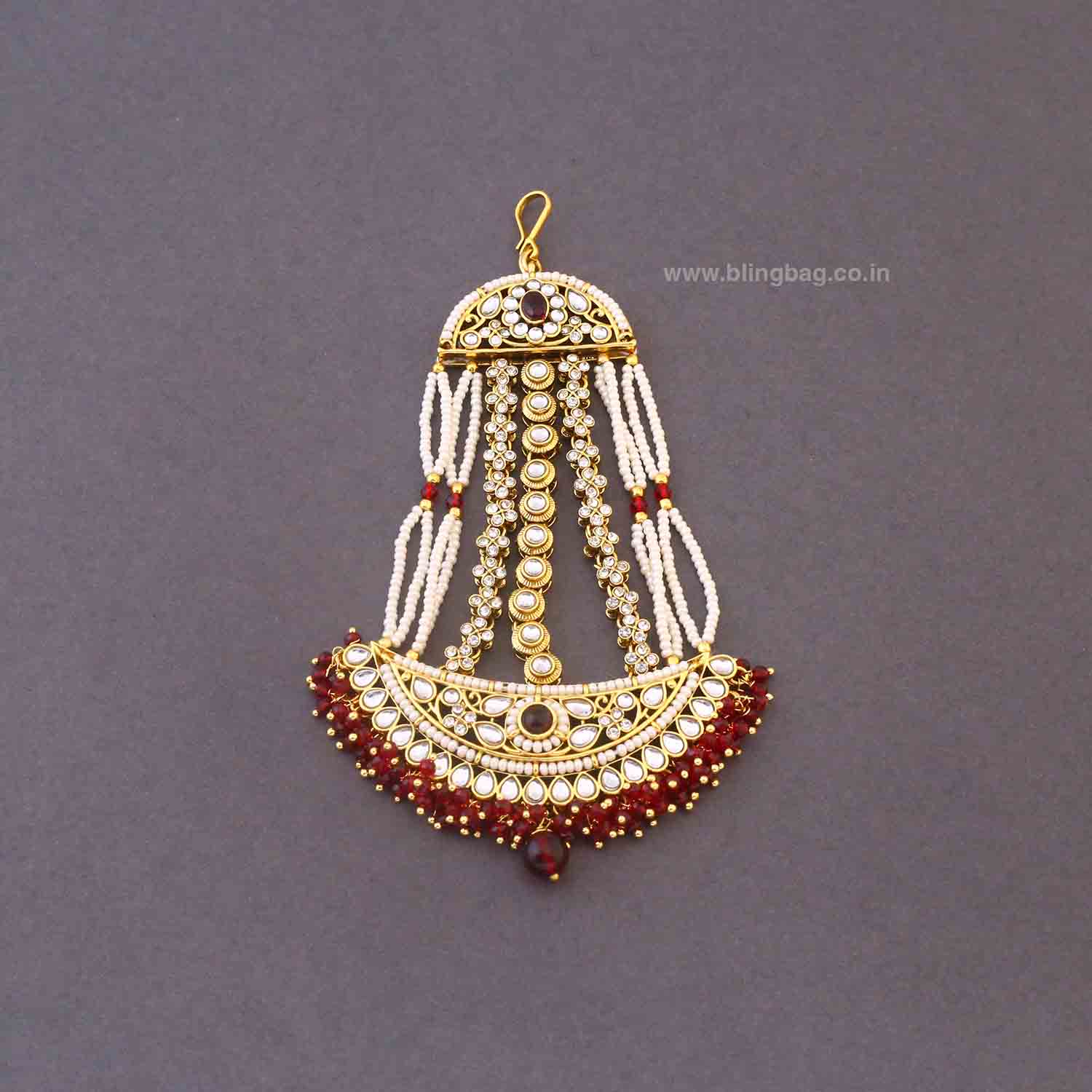 Maroon Ruvina Kundan Bridal Jewellery Set - Image 9