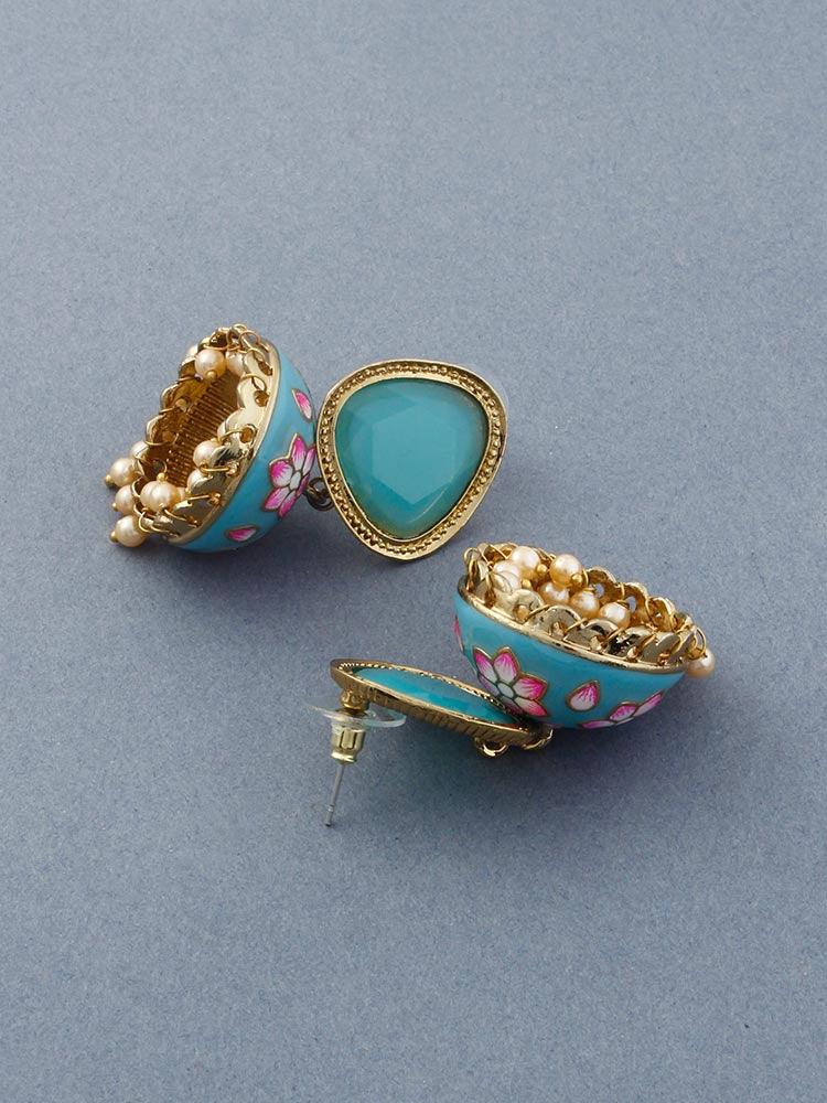 Turquoise Shesha Meenakari Jhumkis - Image 3