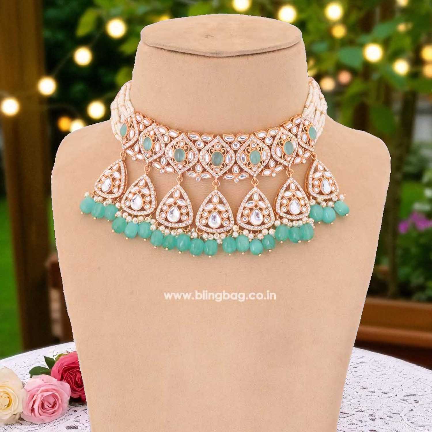 Turquoise Maanyata Kundan Jewellery Set - EOSS - Image 3