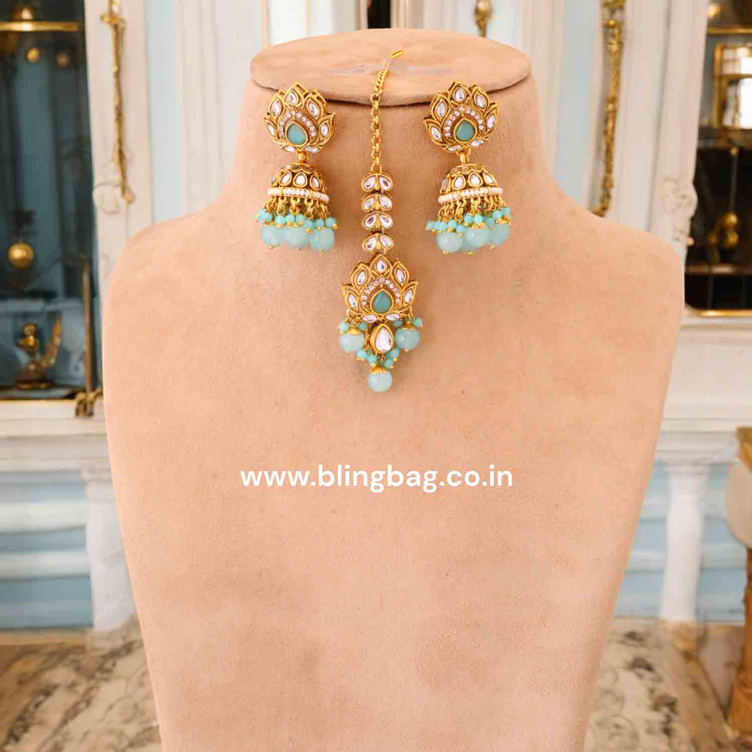 Turquoise Aashi Kundan Jewellery Set - Image 3