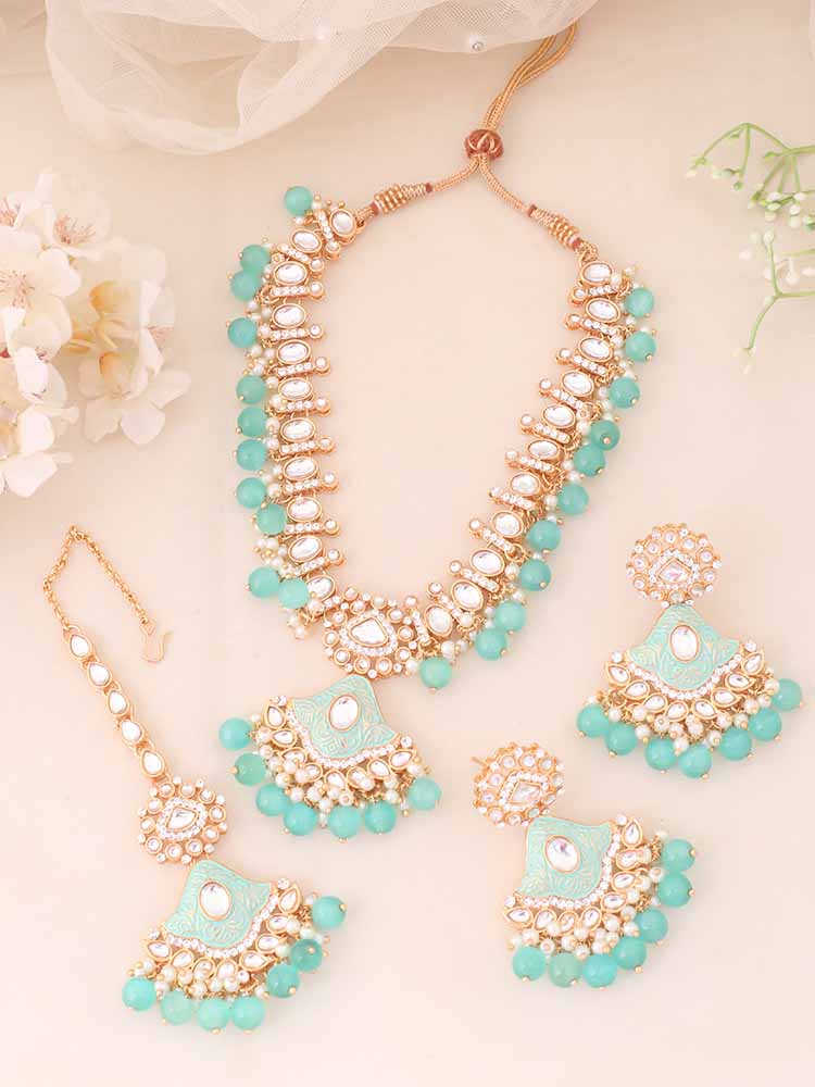 Turquoise Cheshta Kundan Jewellery Set - Image 2