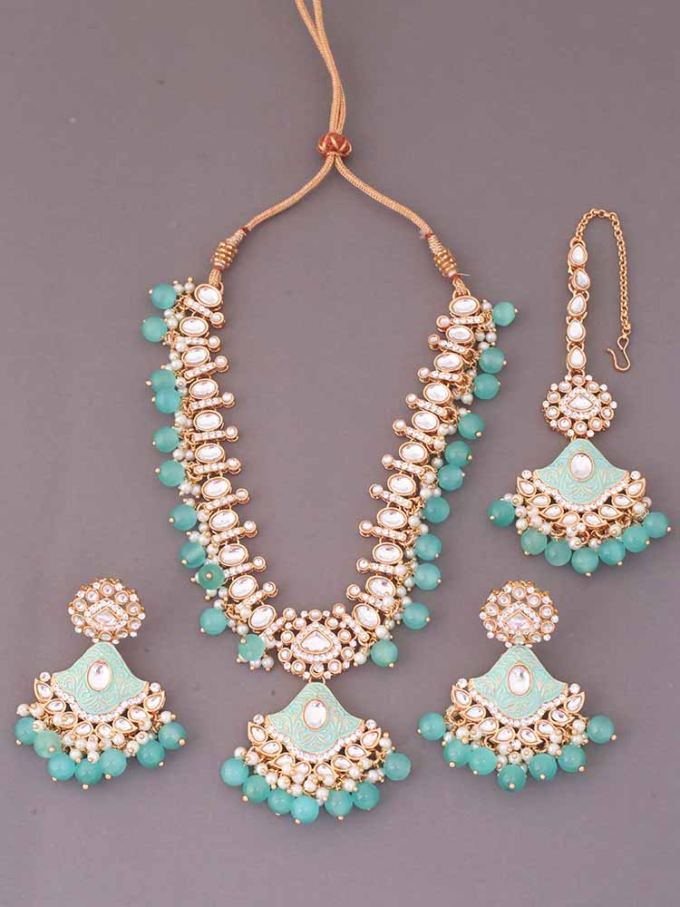 Turquoise Cheshta Kundan Jewellery Set - Image 3